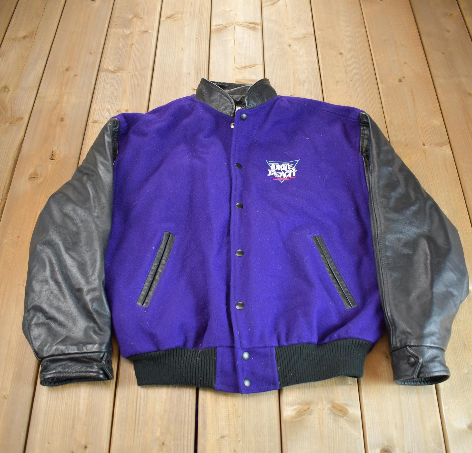 Vintage 1980s Leather & Wool Turtle Beach Urban Technology Embroidered Varsity Jacket Made In USA