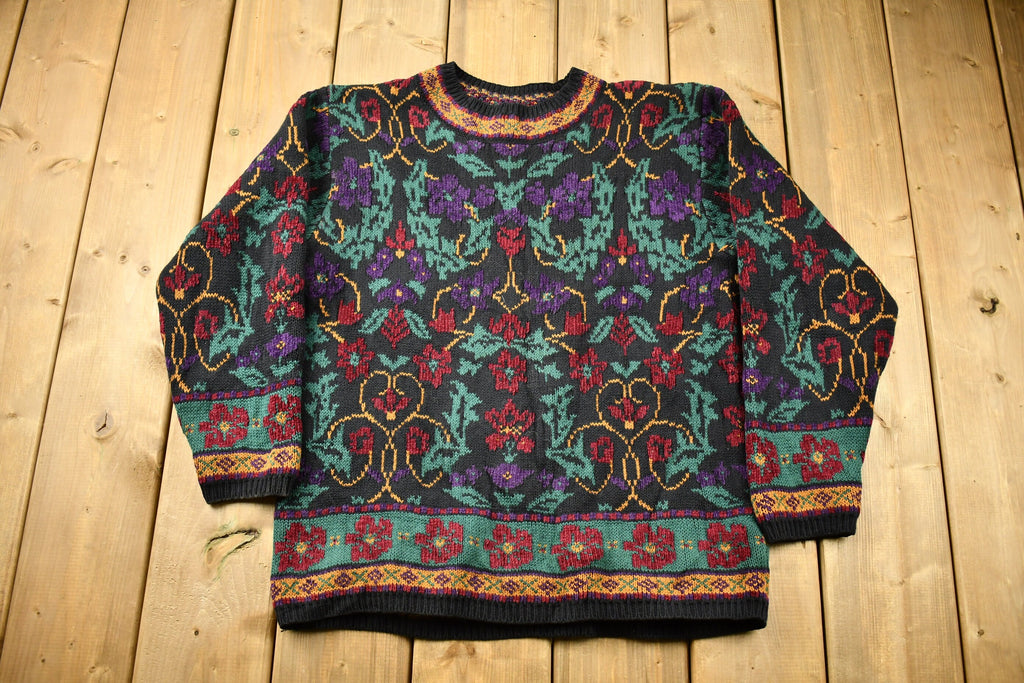 Vintage 1990s Lands End Floral Pattern Knitted Sweater