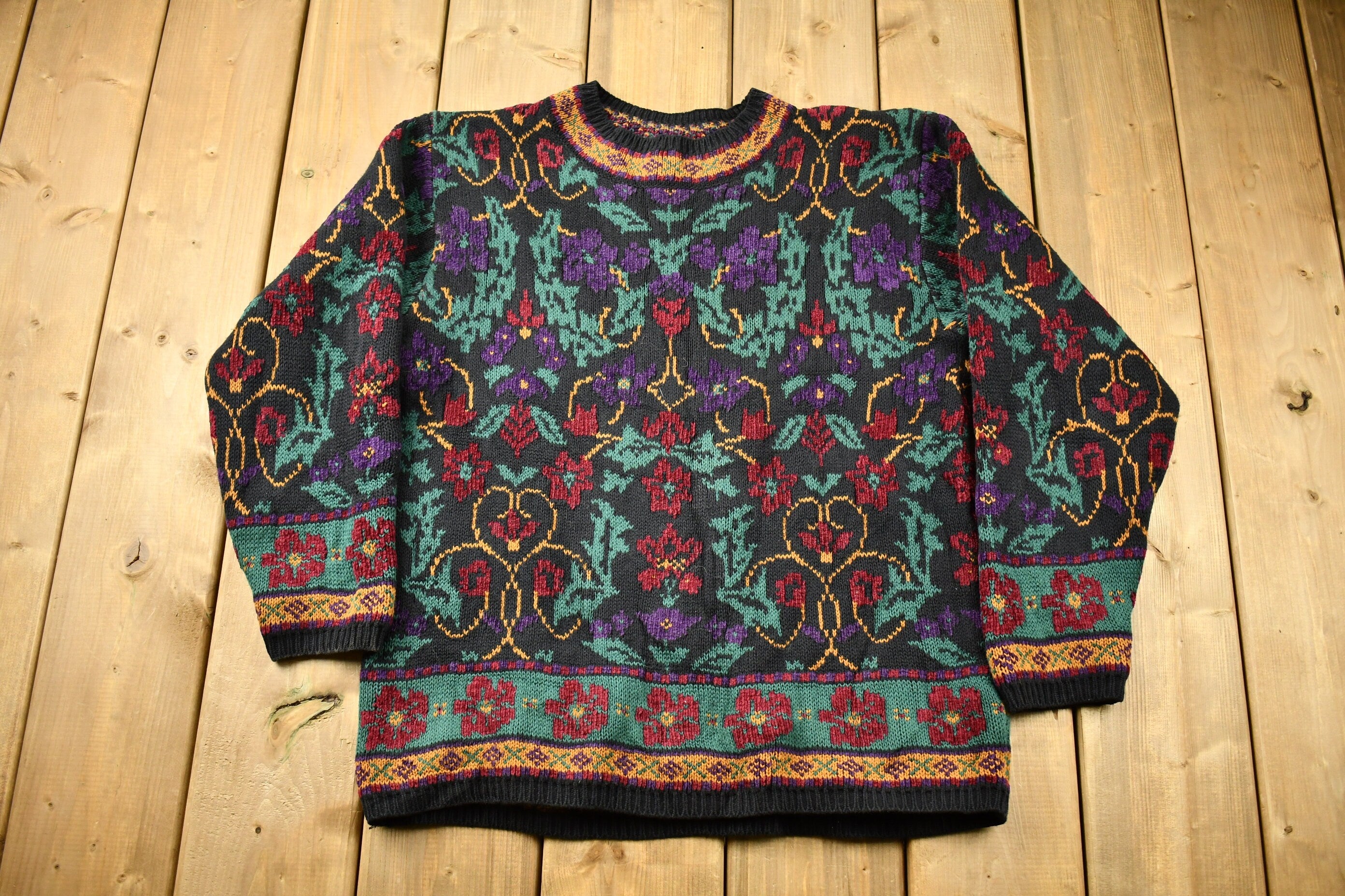 Vintage 1990s Lands End Floral Pattern Knitted Sweater