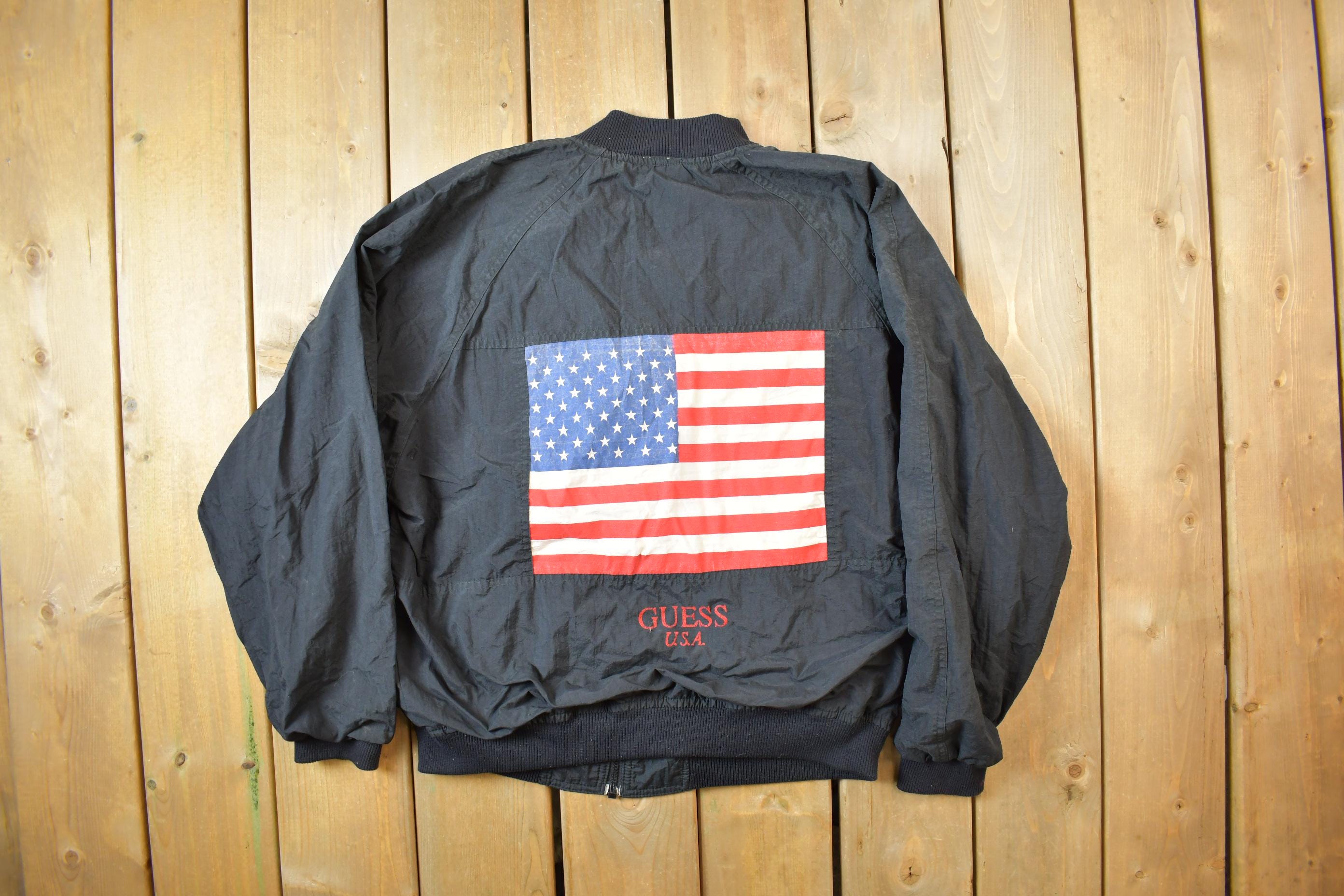 Vintage 1990s Guess USA American Flag Back Logo Bomber Jacket