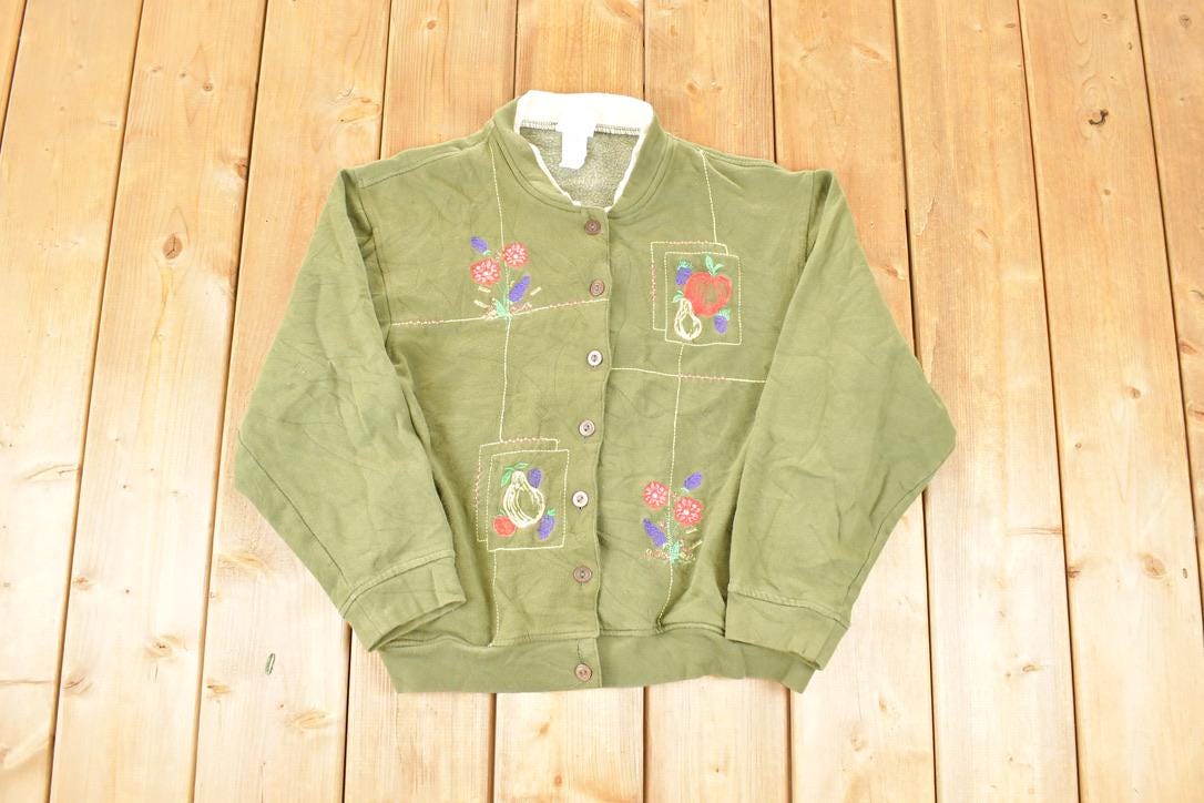 Vintage 1990s Collections Floral Double Collar Button Up Crewneck Sweatshirt Women's M