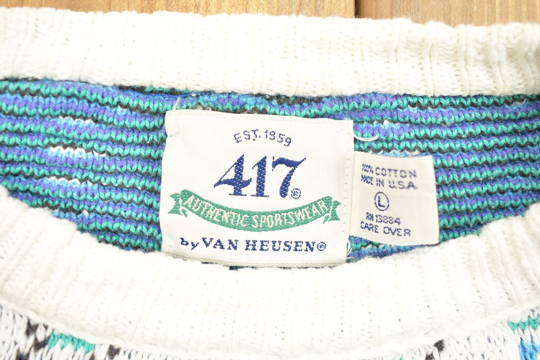 Vintage 1990s 417 Van Heusen Knitted Crewneck Sweater / Vintage 90s Crewneck / All Over Pattern / Abstract Knit/ Knit Pullover / Made in USA