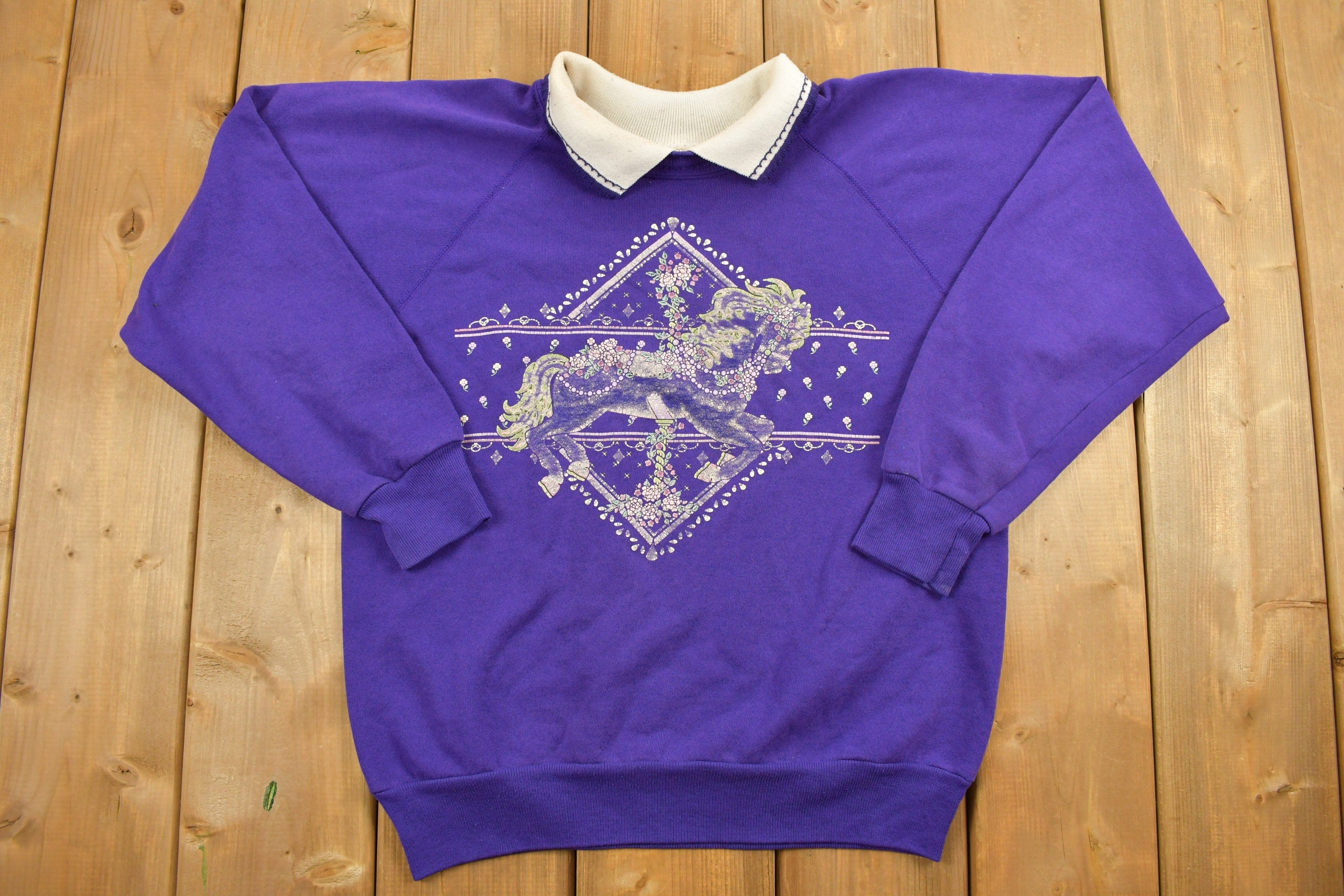 Vintage 1990s Cracker Barrel Collared Unicorn Print Crewneck Sweatshirt