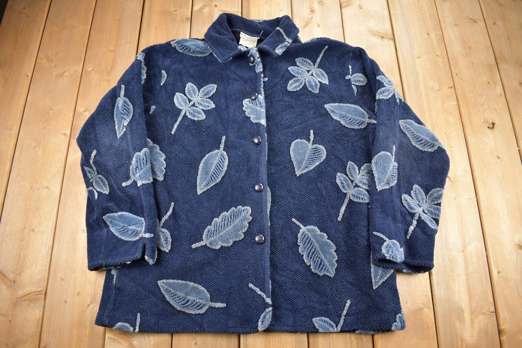 Vintage 1990s Robert Kitchen Leaves Theme All Over Print Fleece Sweater