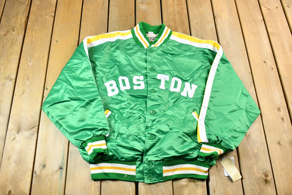 Vintage 1990s Hardwood Classics Bill Russell Boston Celtics NBA Basketball Embroidered Snap Button Satin Bomber Jacket