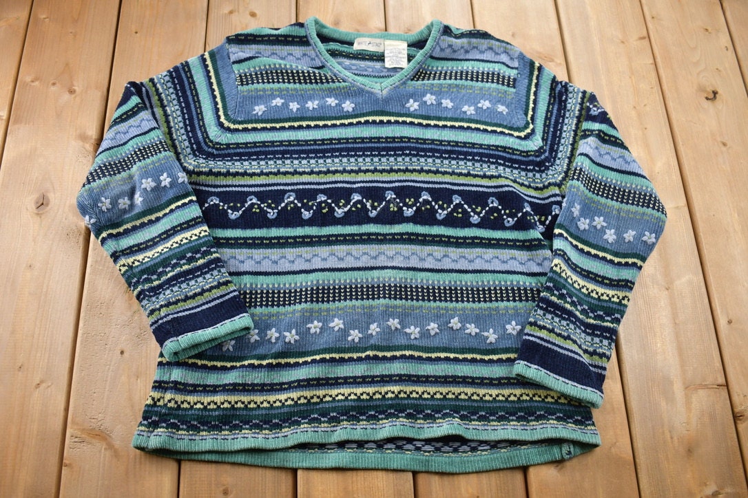 Vintage 1990s Blues Stag Knitted Patchwork Ladies Sweater