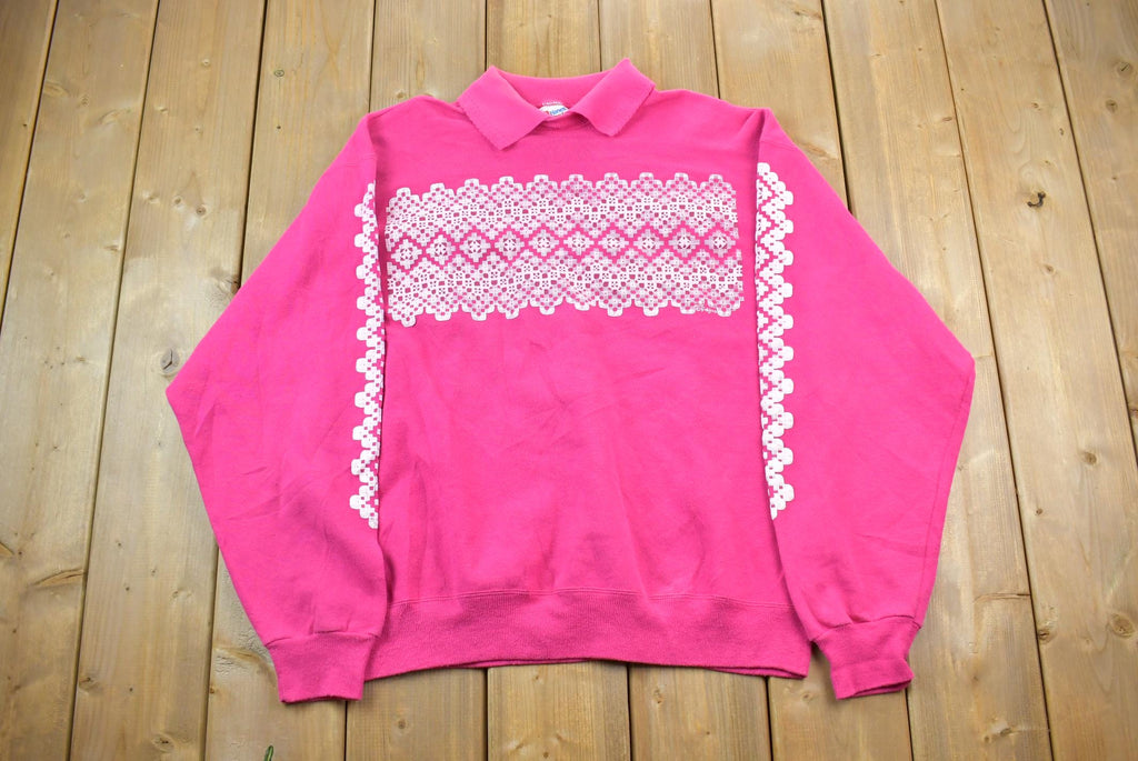 Vintage 1990s Pink Collared Abstract Puffy Print Cute Crewneck Sweater