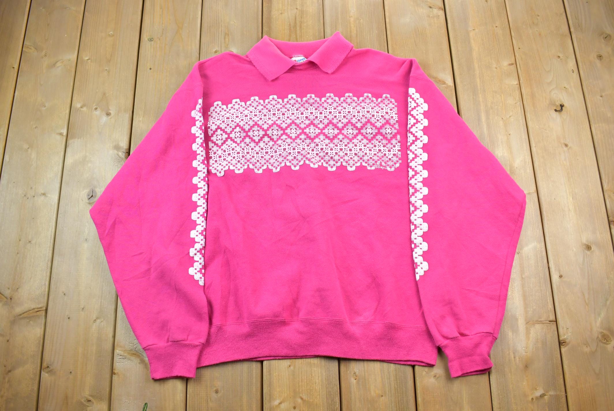 Vintage 1990s Pink Collared Abstract Puffy Print Cute Crewneck Sweater