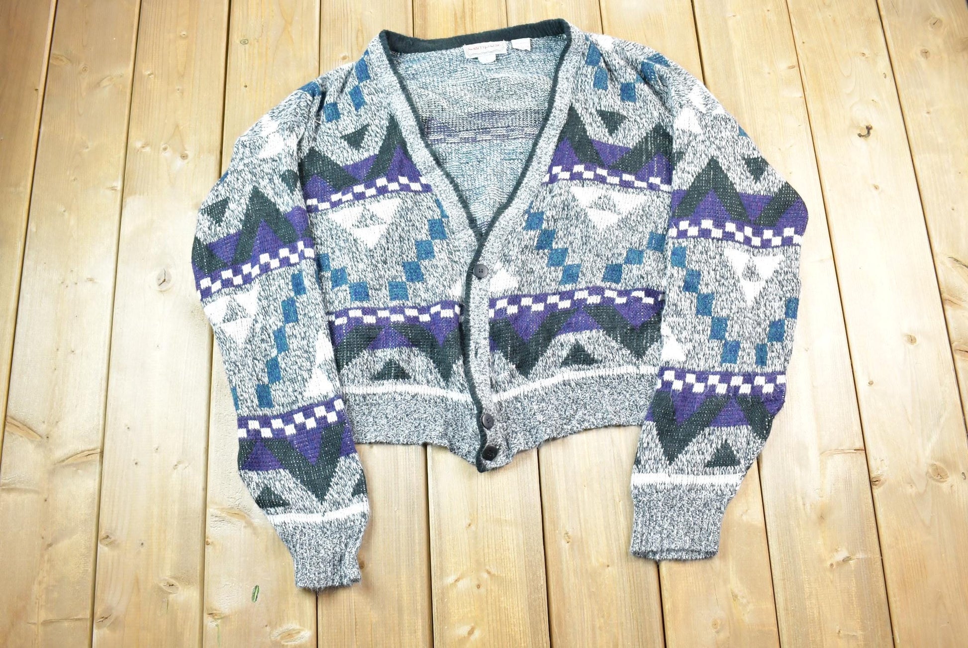 Vintage 1990s Campus Abstract Pattern Quarter Button Knit Cardigan Sweater