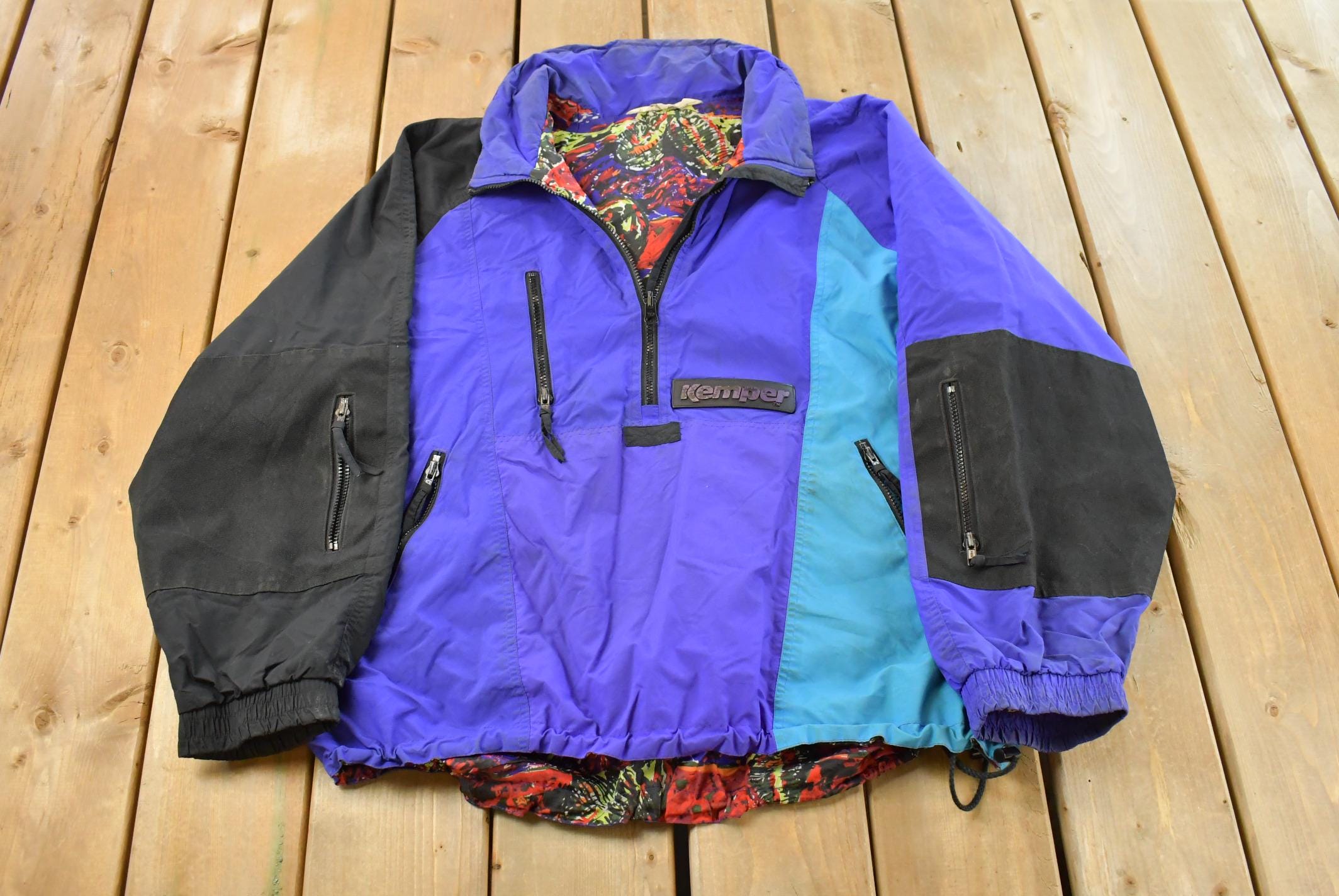 Vintage 1990s Kemper Clothing Ski Snowboard Anorak Jacket Men's XL / Abstract Pattern Art Print / Athletic Winter