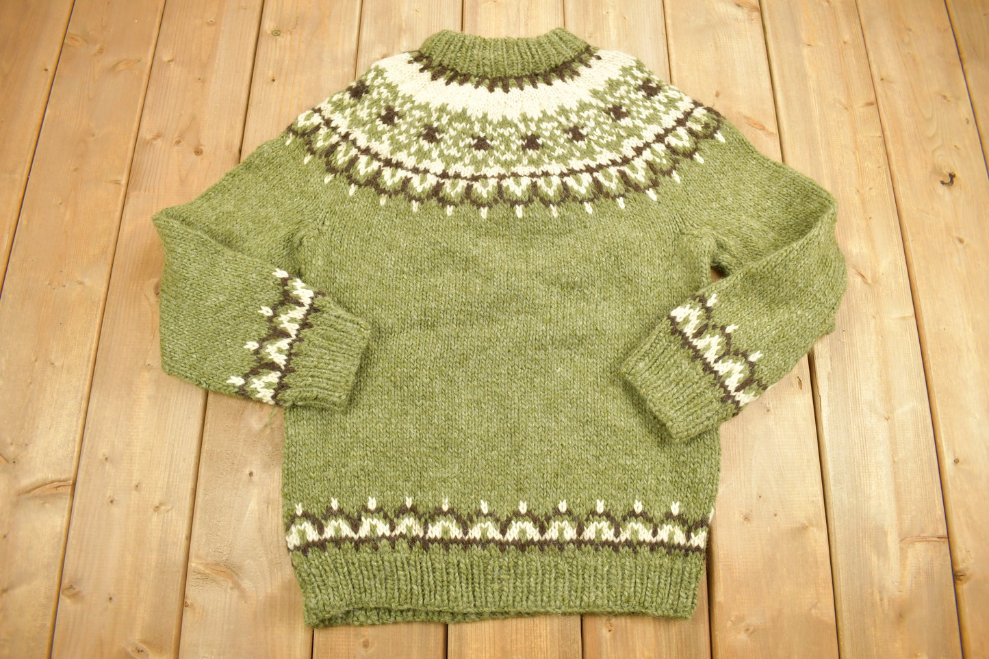 Vintage 1970s Green Nordic Knit Sweater Apres Ski / Vintage Knit / Abstract Patterns / Streetwear / Wool / Winter / Casual