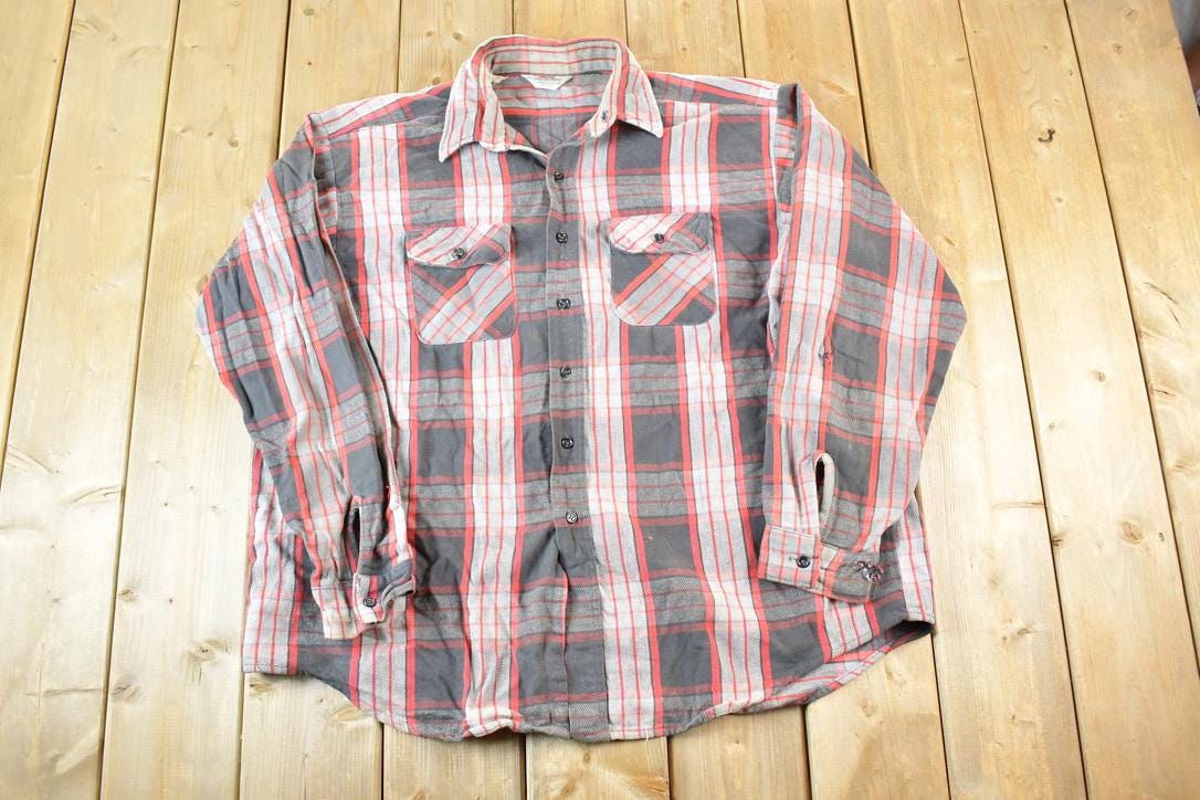 Vintage 1980s Five Brother Plaid Flannel Button Up Shirt Mens XL