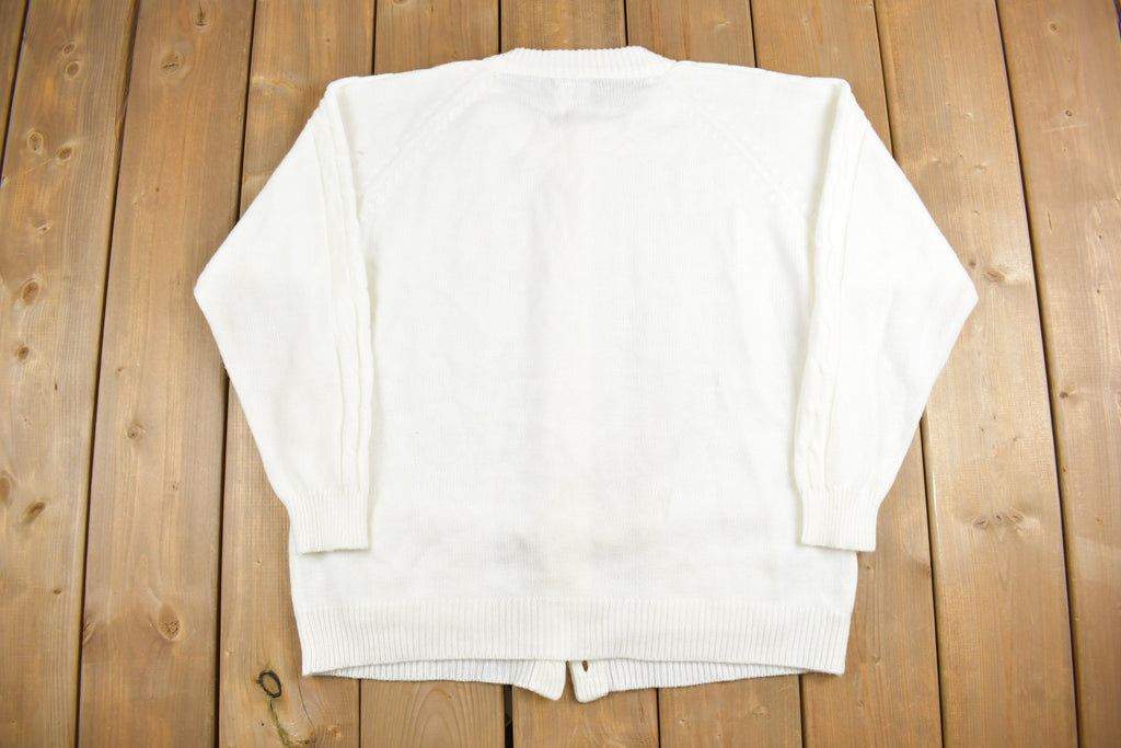 Vintage 1980s White Hand Knit Cardigan Sweater /