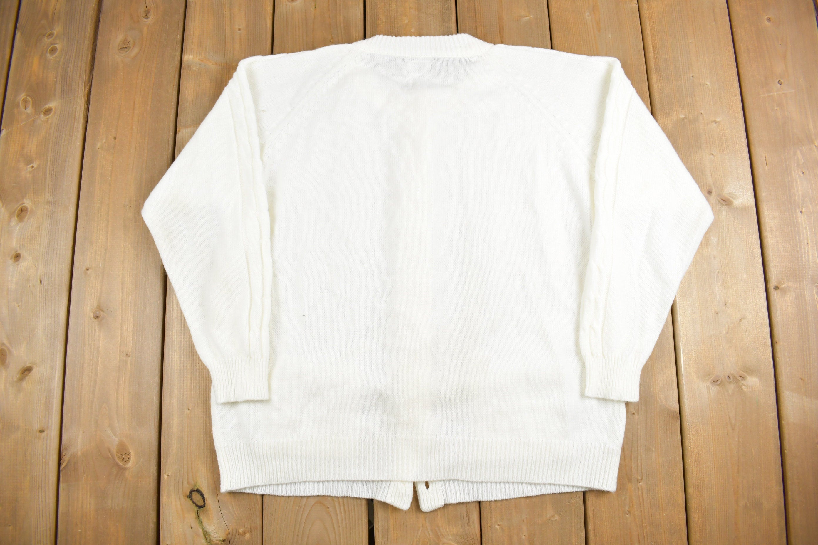 Vintage 1980s White Hand Knit Cardigan Sweater