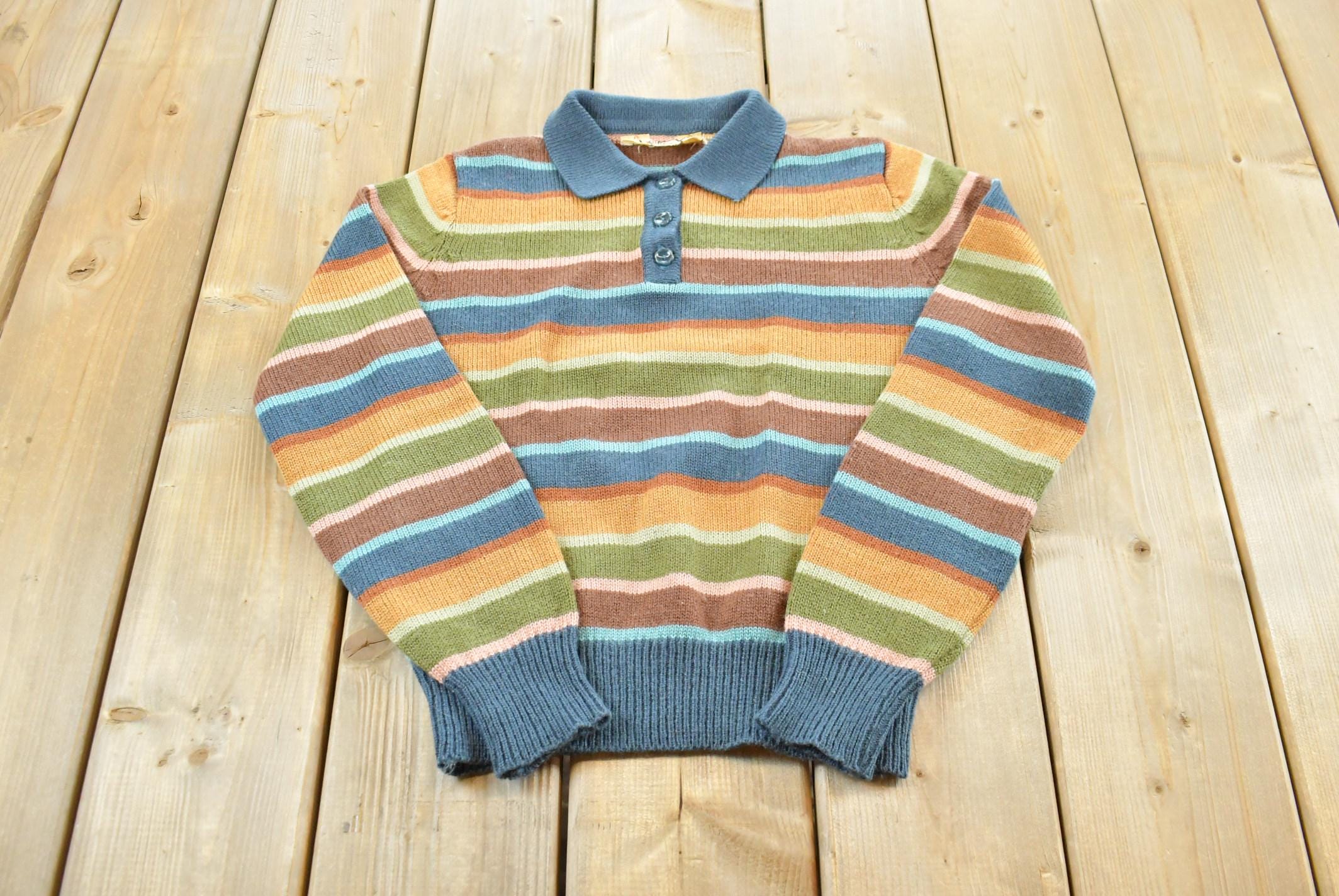 Vintage 1980s Licorice Striped Knit Quarter Button Cropped Sweater Men's XXS