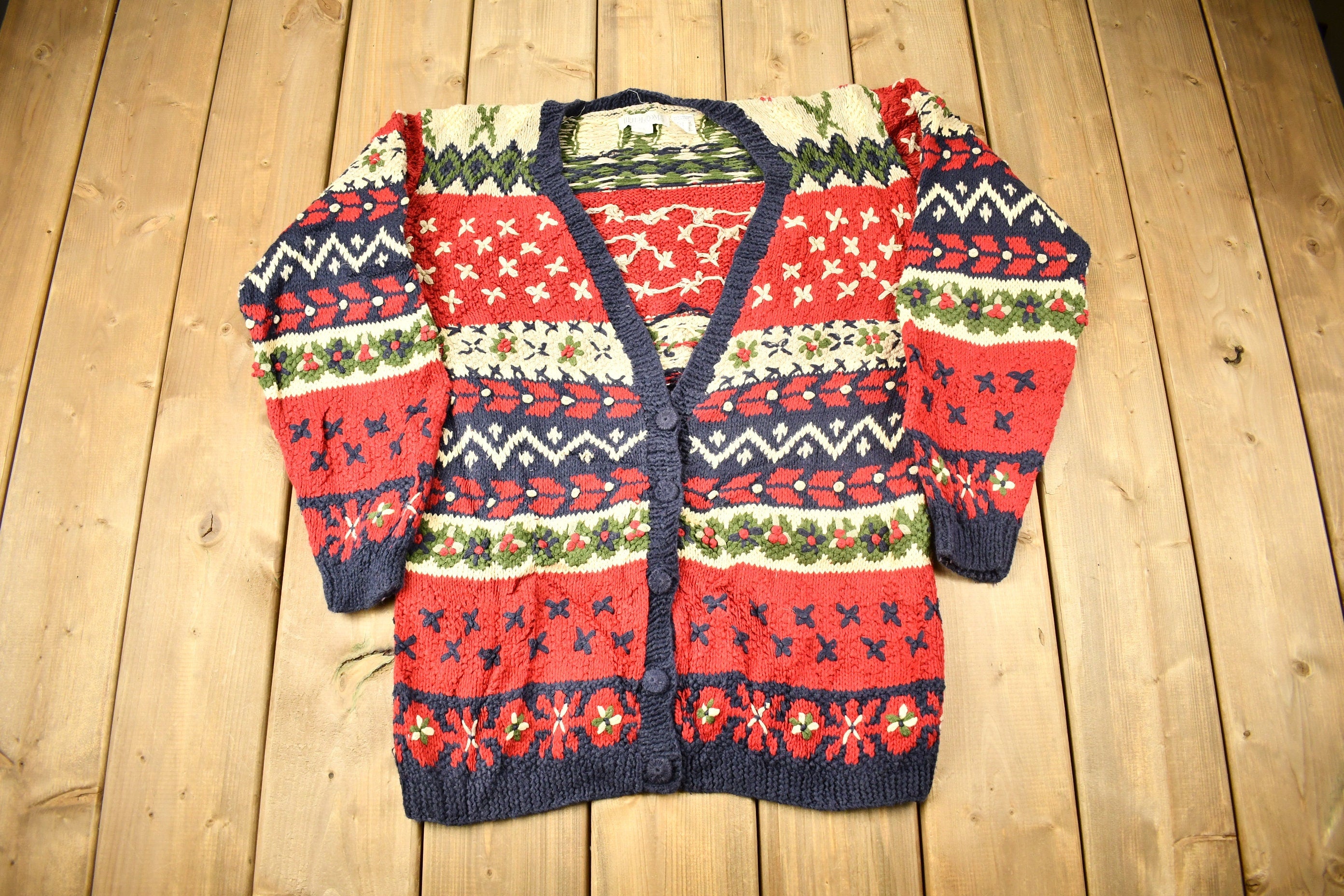 Vintage 1990s Heirlooms Hand Knit Cardigan Sweater