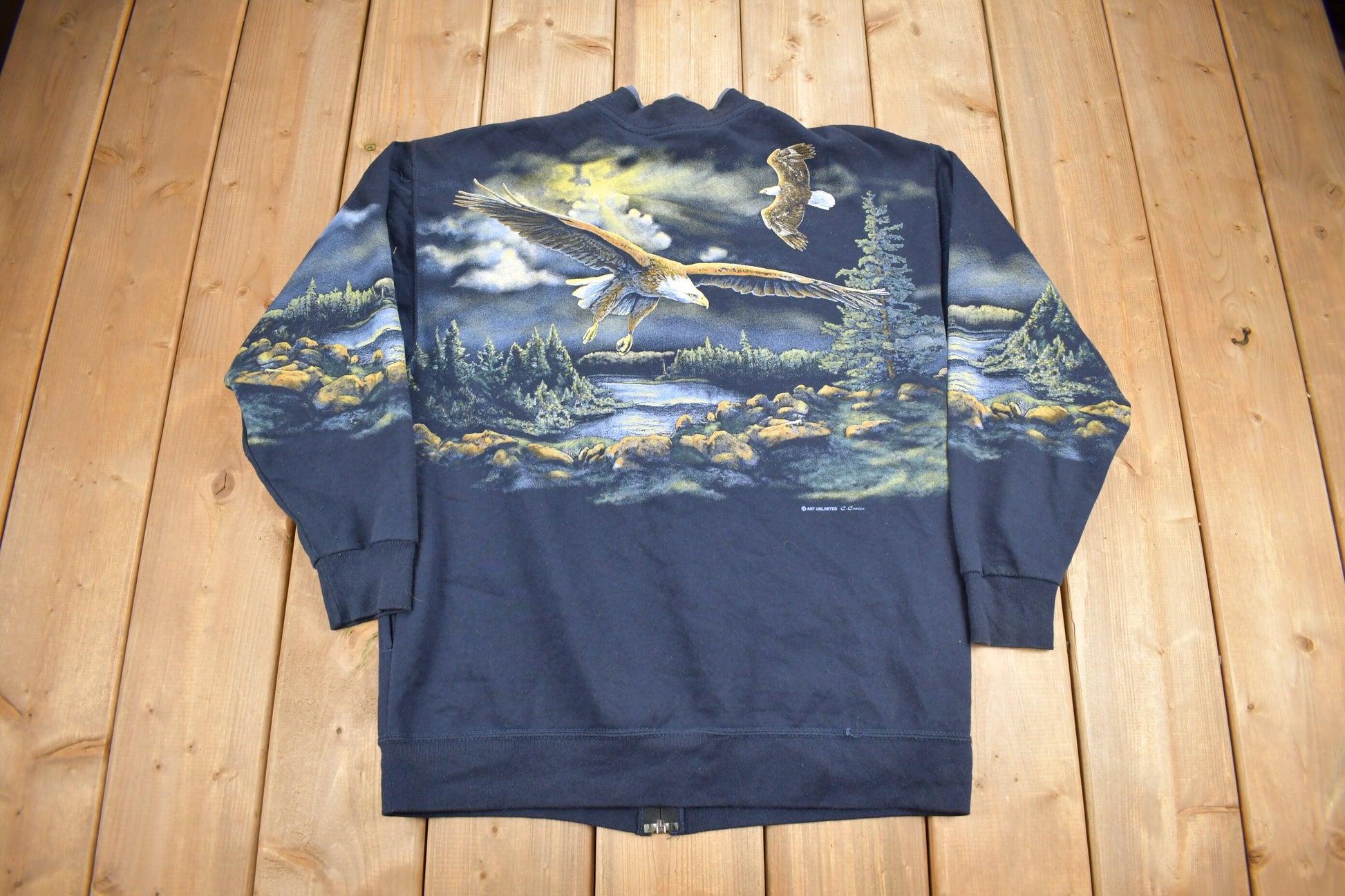 Vintage 1990s Bald Eagle Theme All Over Print Zip Up Sweater / Outdoorsman / Grandpa Sweater / Made In USA / Art Unlimited