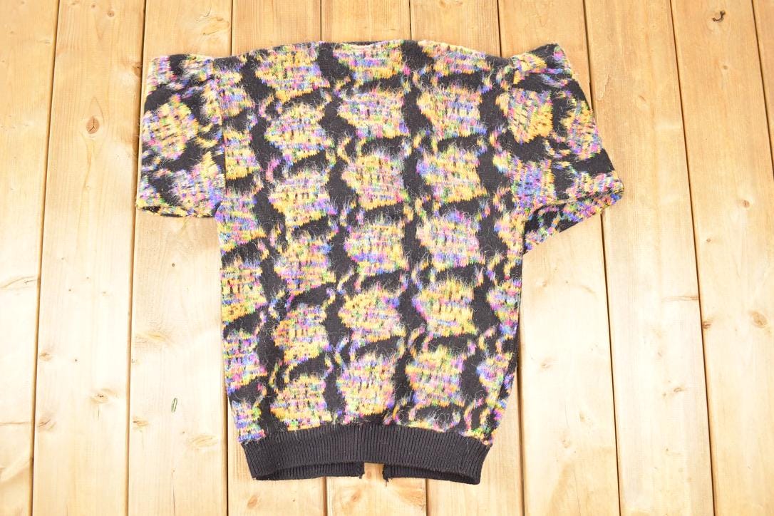 Vintage 1970s Wani Oswal Abstract Wool Knit Cardigan Sweater Women's S