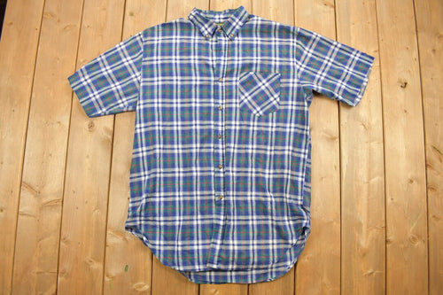 Vintage 1990s Crossbow Plaid Button Up Short Sleeve Shirt / Abstract Pattern / Casual Shirt / Formal Shirt