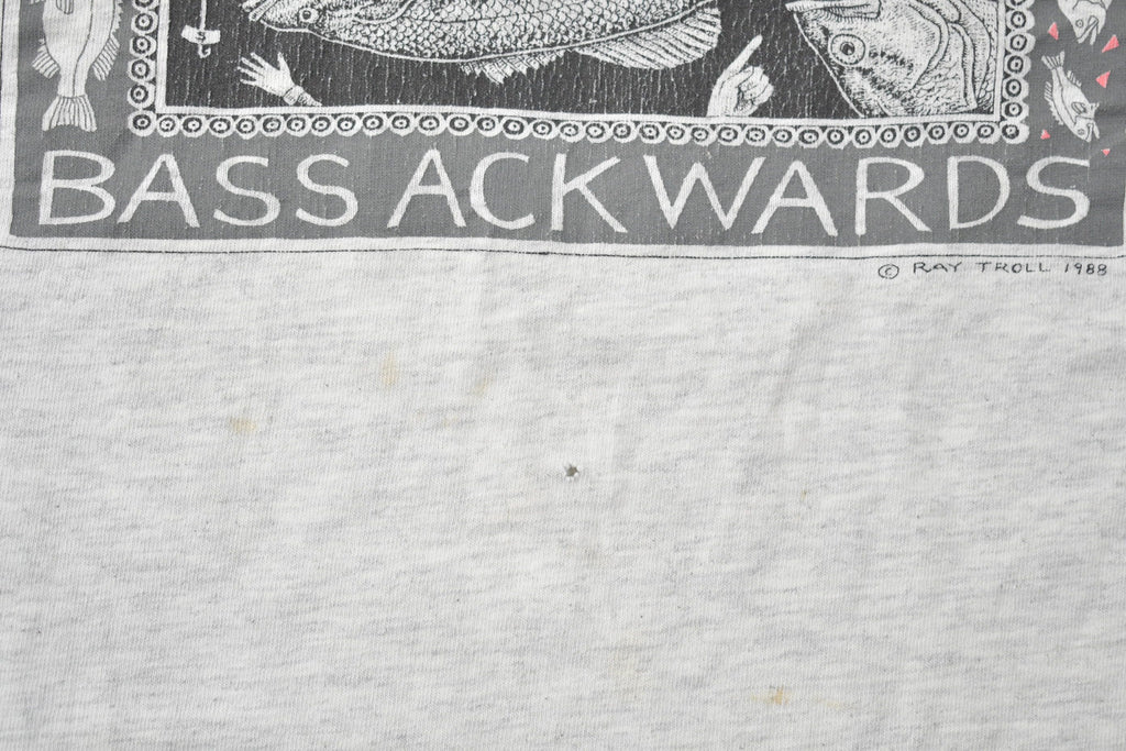 Vintage 1988 Bass Ackwards Fish Ray Troll Graphic T-Shirt