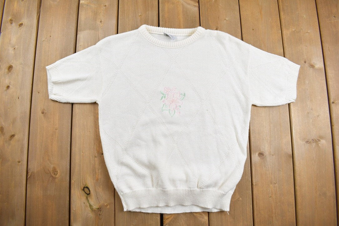 Vintage 1990s Short Sleeve Floral Knit Crewneck Sweater