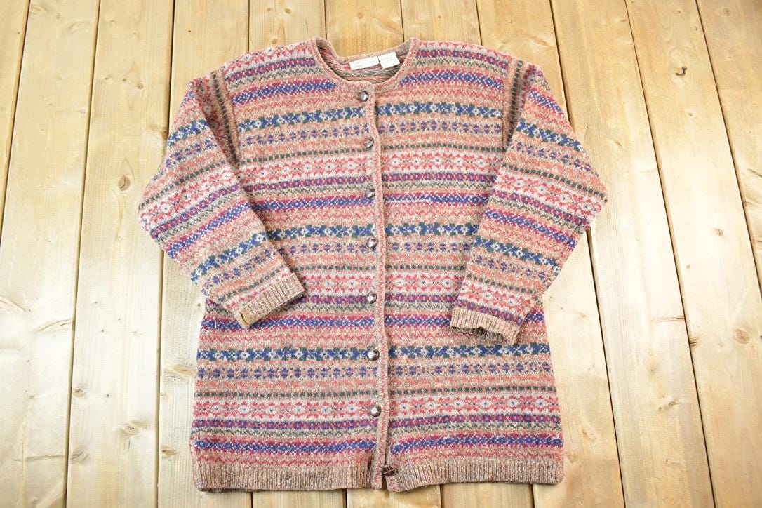 Vintage 90s Shetland Wool Knit Sweater: Abstract Button Up Crewneck, Mens S