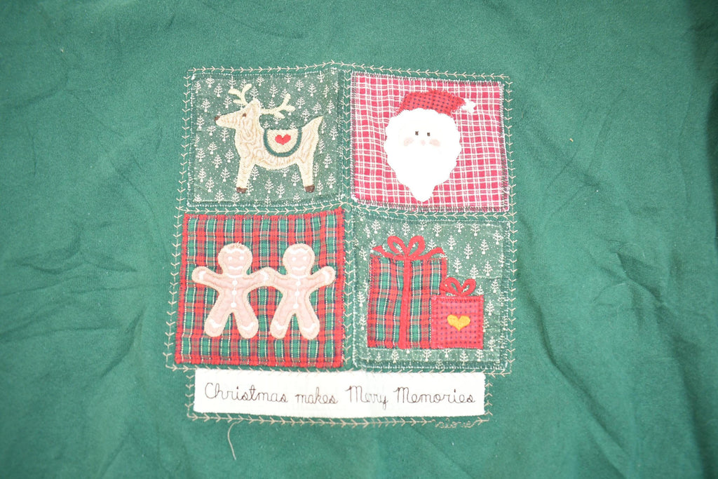 Vintage 1990s Folk Art Applique Christmas Time Embroidered Collard Crewneck Sweatshirt Made In USA