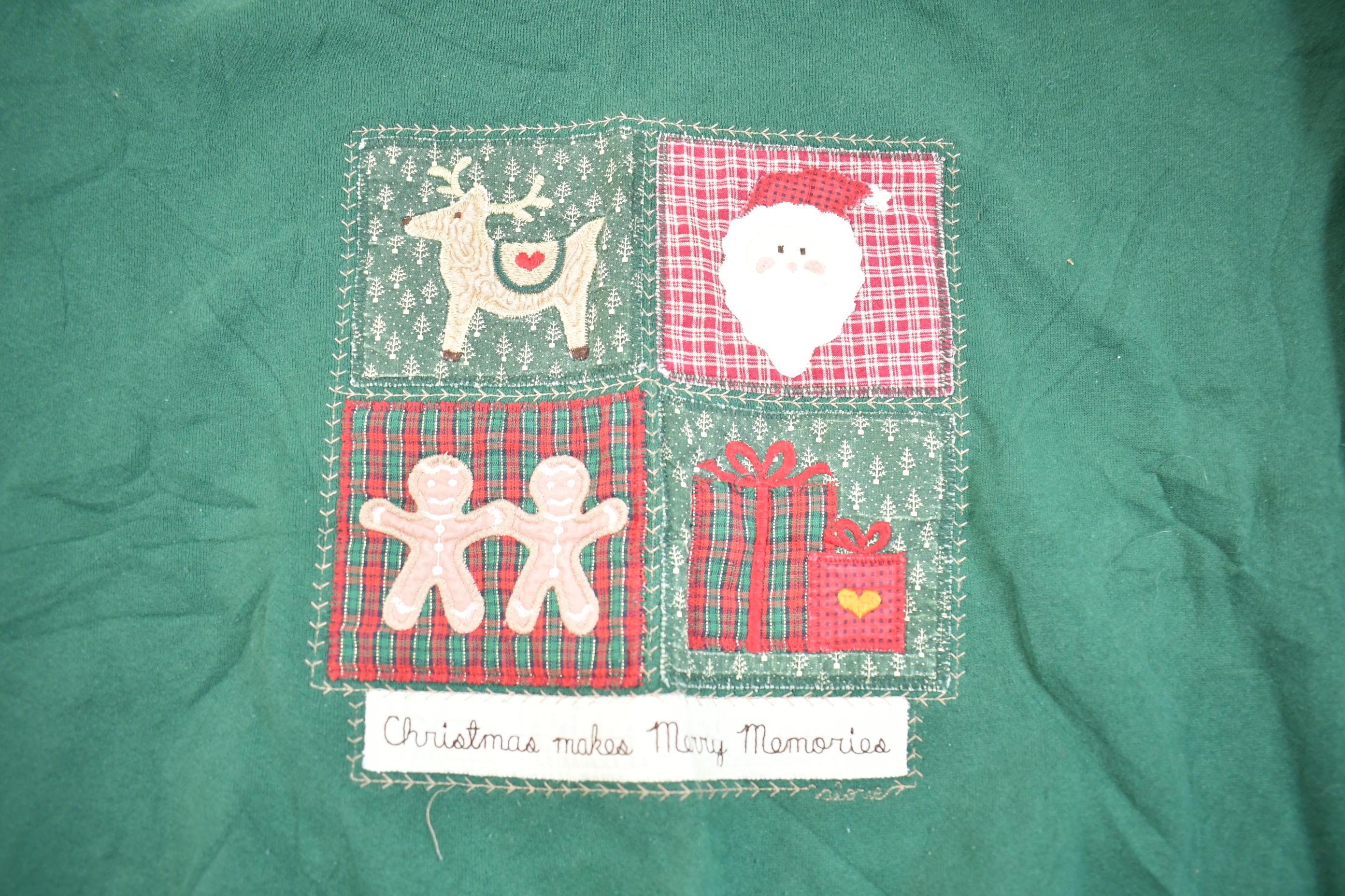 Vintage 1990s Folk Art Applique Christmas Time Embroidered Collard Crewneck Sweatshirt Made In USA