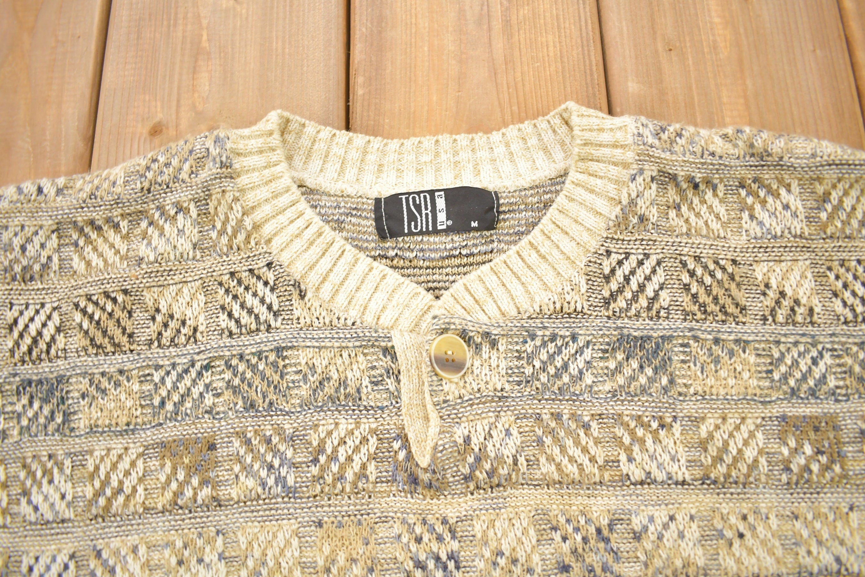 Vintage 1990s TSA USA Knitted Henley Sweater  Vintage 90s Crewneck  All Over Pattern  Colorful Sweatshirt  Abstract Pattern