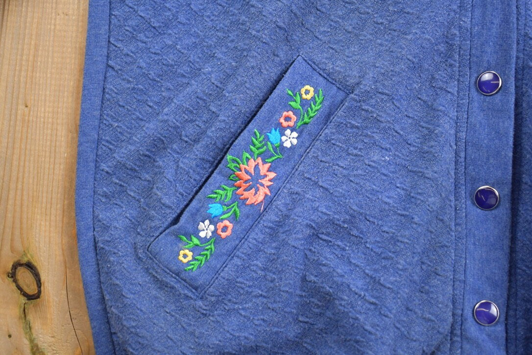 Vintage 1980s Blast Blues Flower Embroidered Cardigan Sweater / Vintage Cardigan / Button Up / Embroidery