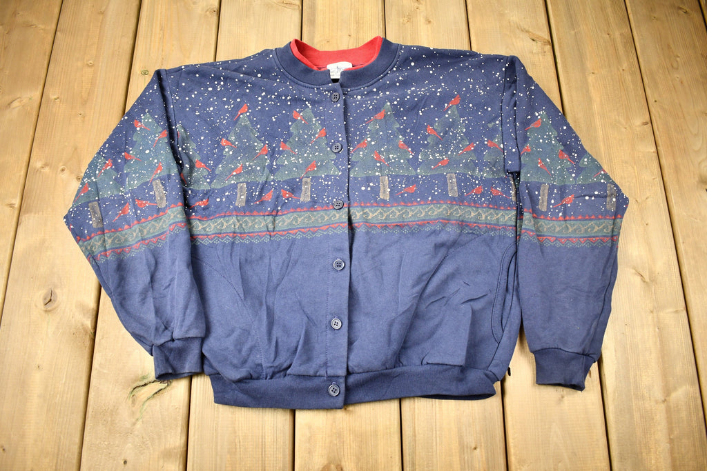 Vintage 1990s Cardinal Bird Theme All Over Print Button Up Sweater