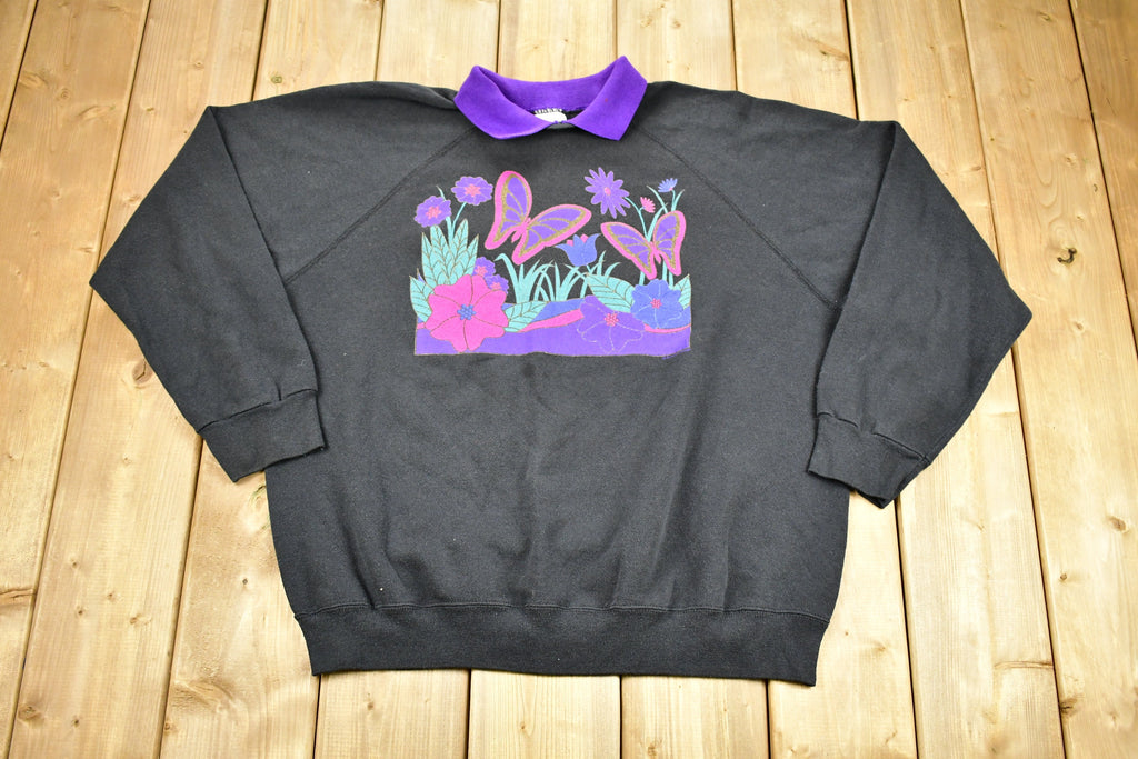 Vintage 1980s Butterfly Floral Graphic Cute Collared Raglan Cut Crewneck Sweater