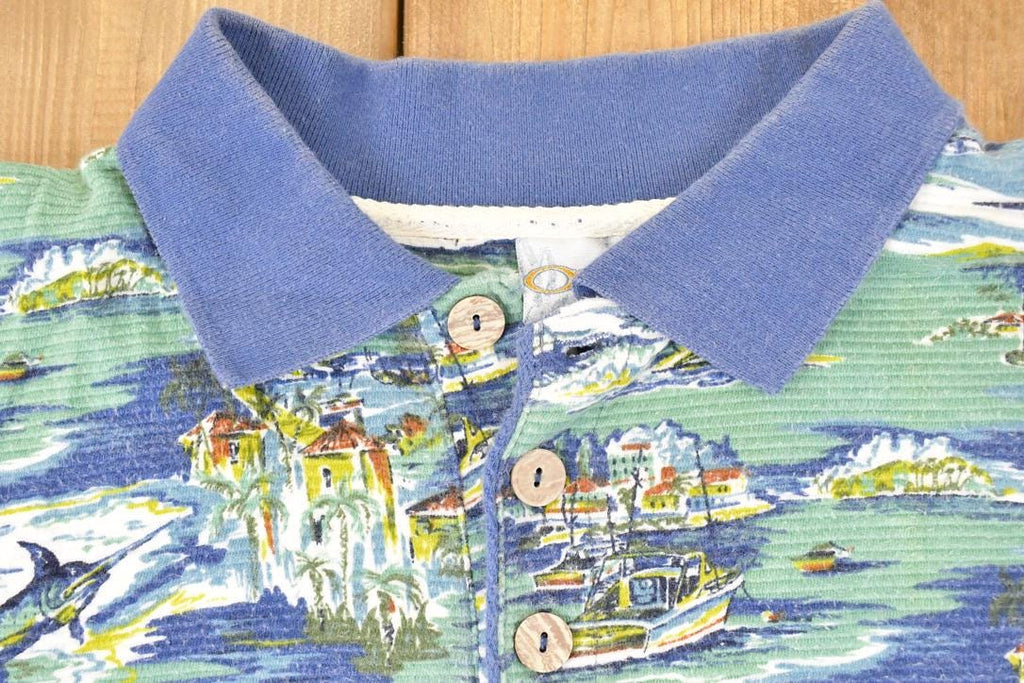 Vintage 1990s Ocean Pacific Sport AOP Boats Button Up Shirt Men's L