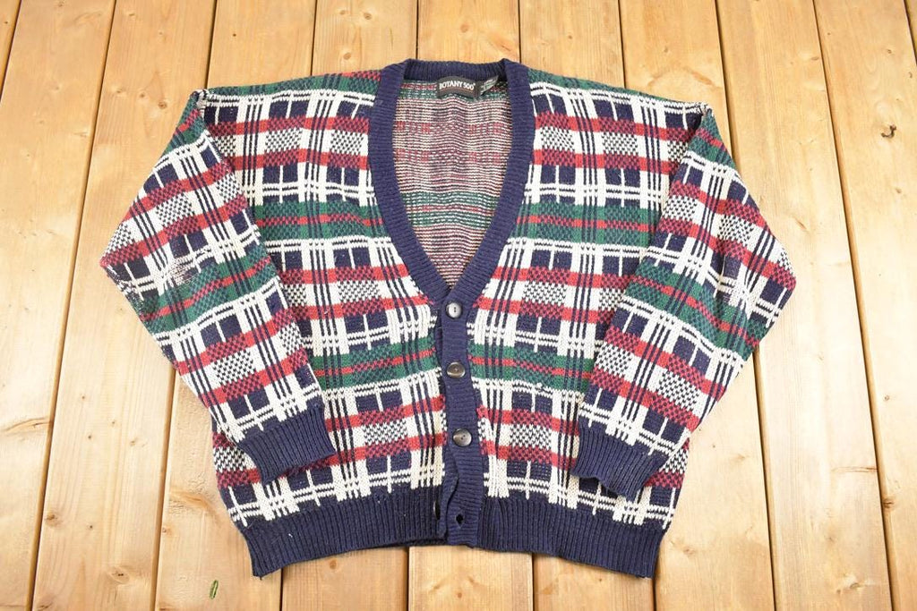 Vintage 1990s Botany 500 Knit Plaid Cardigan Sweater Mens XL /
