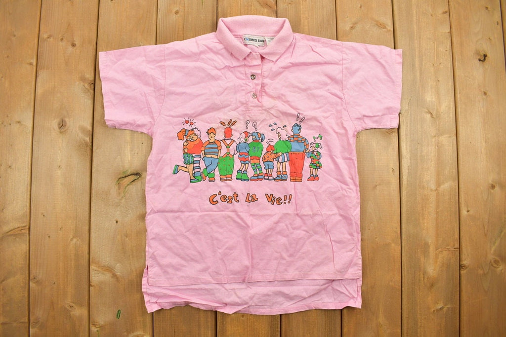 Vintage 1987 Pink "Cest La Vie!" Woman's Graphic Collared Shirt