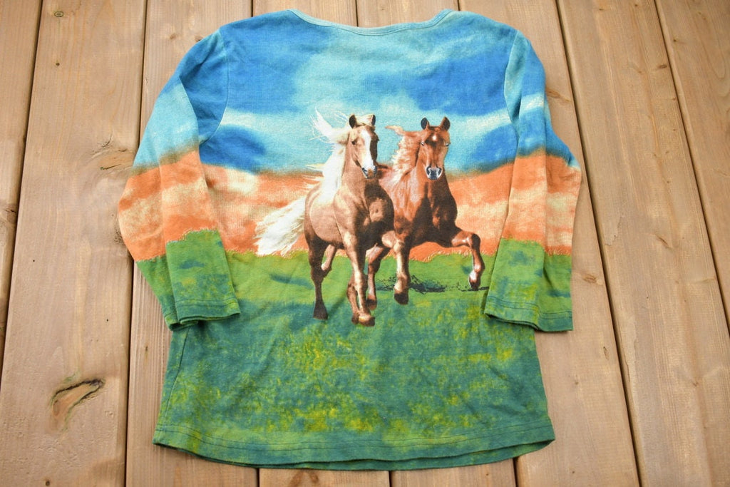 Vintage Y2K 2 Horses Bling Graphic Womens Long Sleeve T-Shirt
