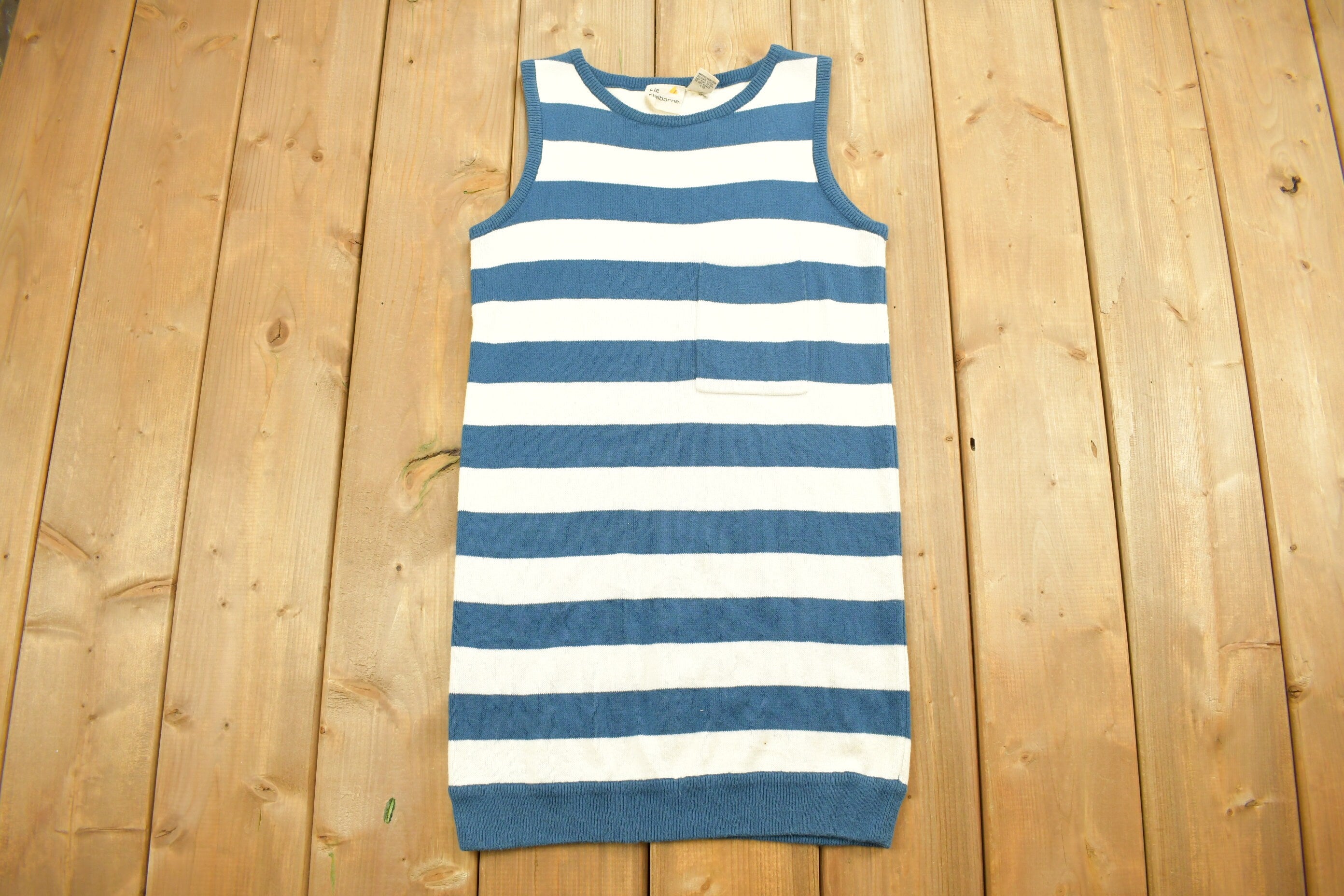 Vintage 1990s Liz Claiborne Striped Knitted Short Sleeve Vest / Cute / 90s / Knitted Vest / Pocket Shirt / Stripy / Beach Wear