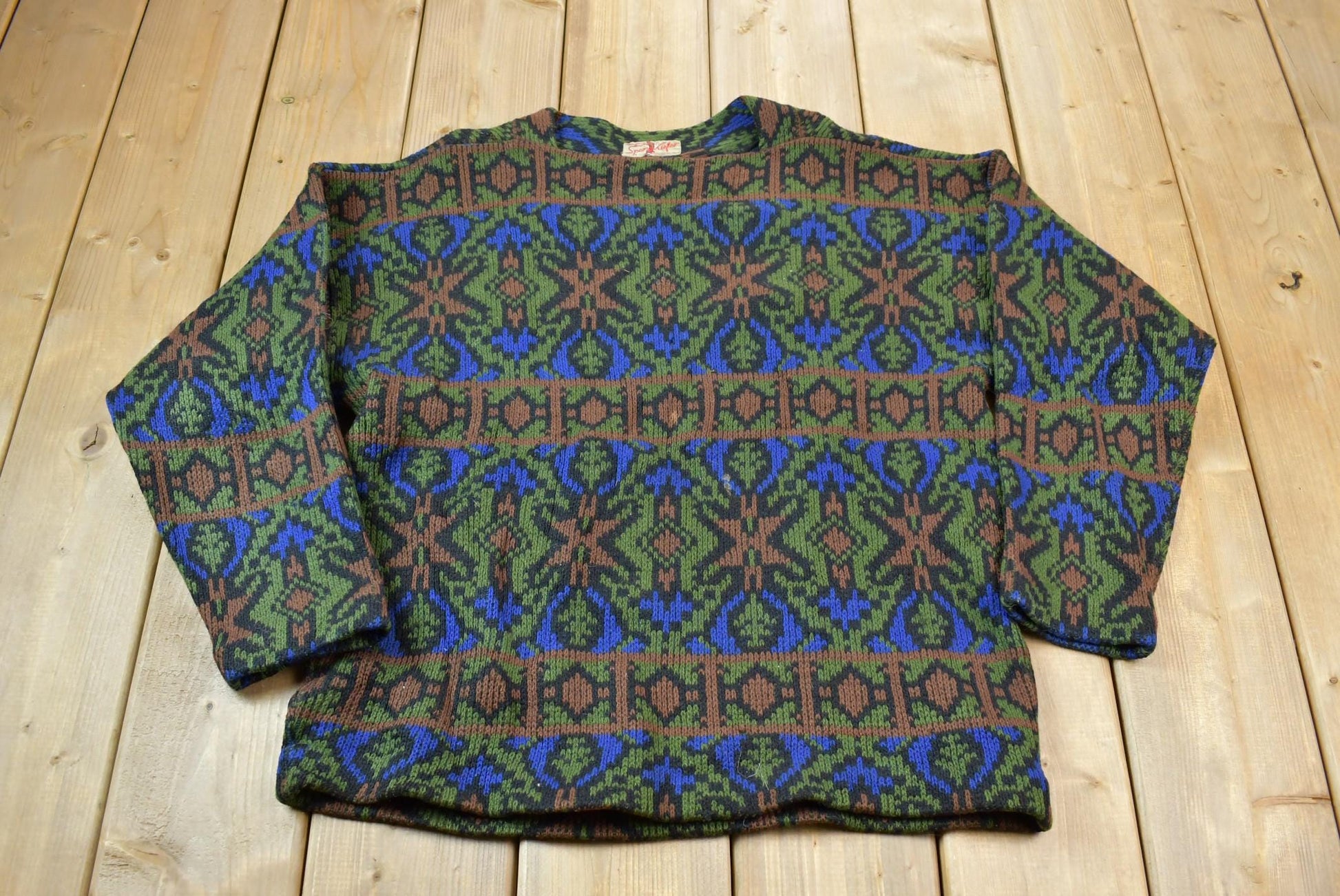 Vintage 1950s 100% Abstract Pattern Wool Knit Sweater