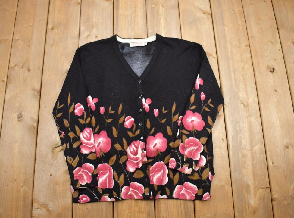 Vintage 1990s Womens Flower Stitched Cardigan Sweater
