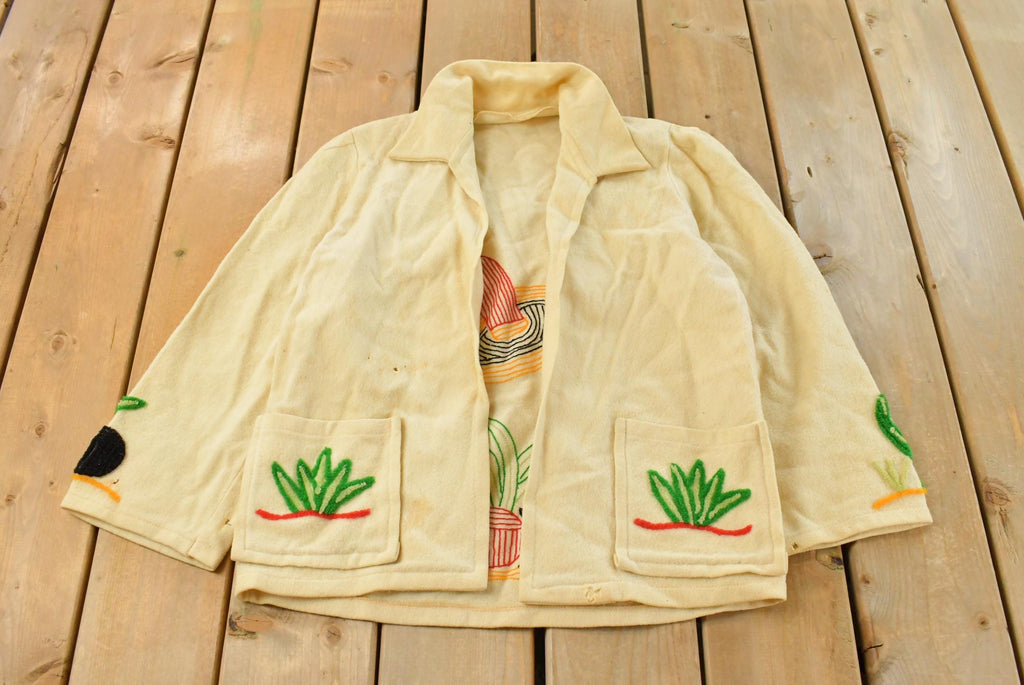 Vintage 1980s Floral Pants Embroidered Knit Cardigan Sweater Women's M