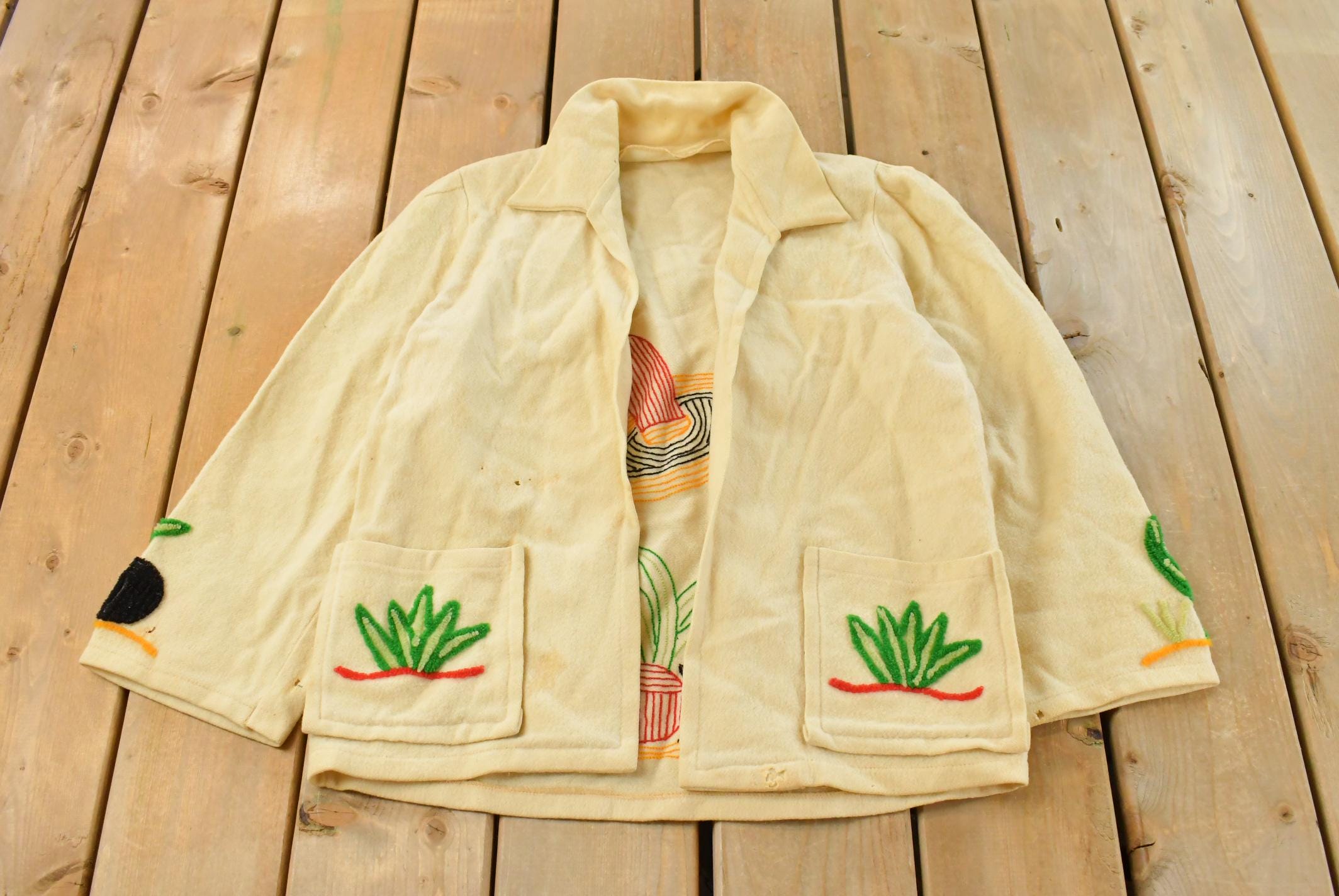 Vintage 1980s Floral Pants Embroidered Knit Cardigan Sweater Women's M