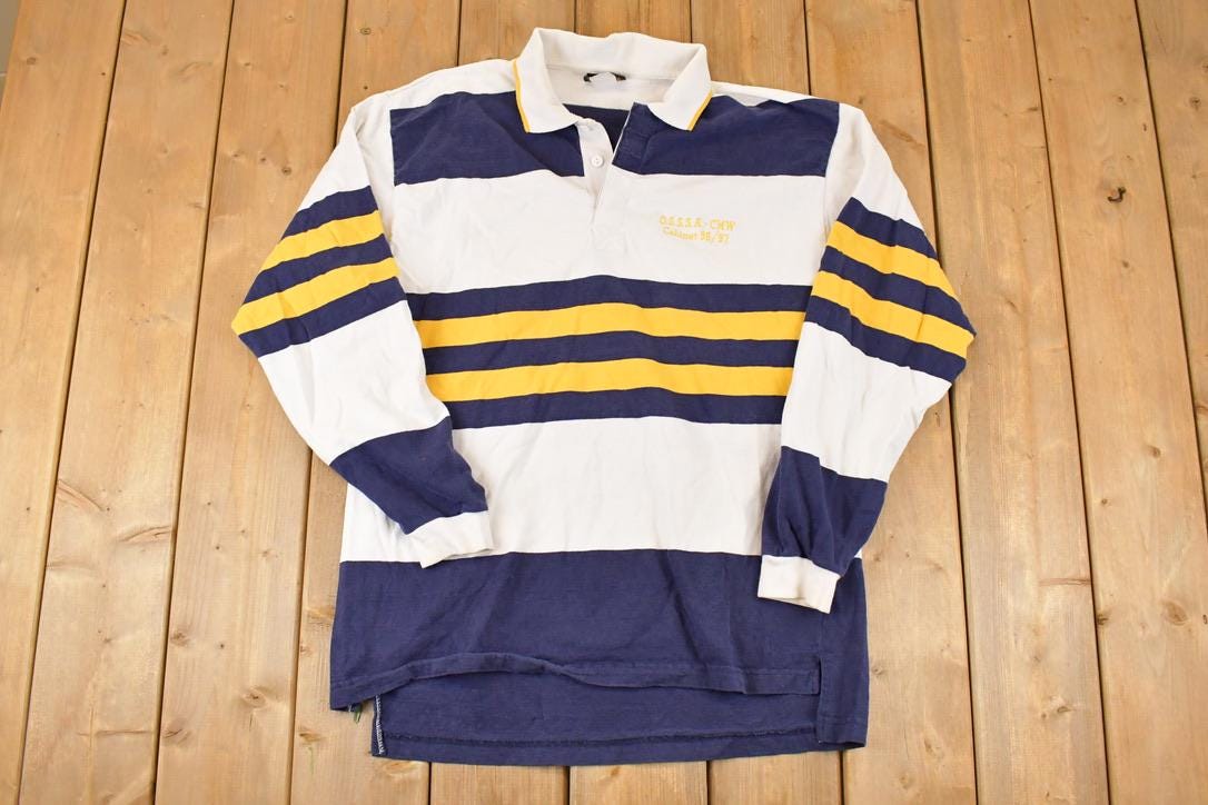 Vintage 1990s OSSSA Windswept Striped Rugby Button Up Shirt Men's L