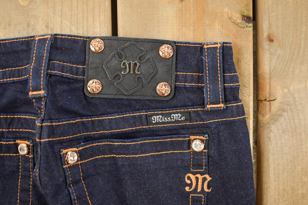 Vintage Deadstock Y2K Miss Me Bedazzled Low Rise Jeans Women's Size 26x31 / Boot Cut Jeans / 2000's Embroidered Contrast Stitched Denim