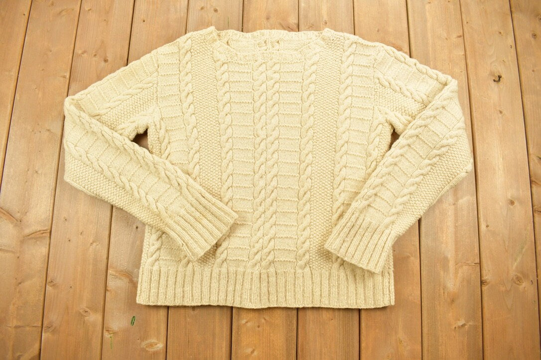 Vintage 1990s Beige Cable Knit Crewneck Sweater