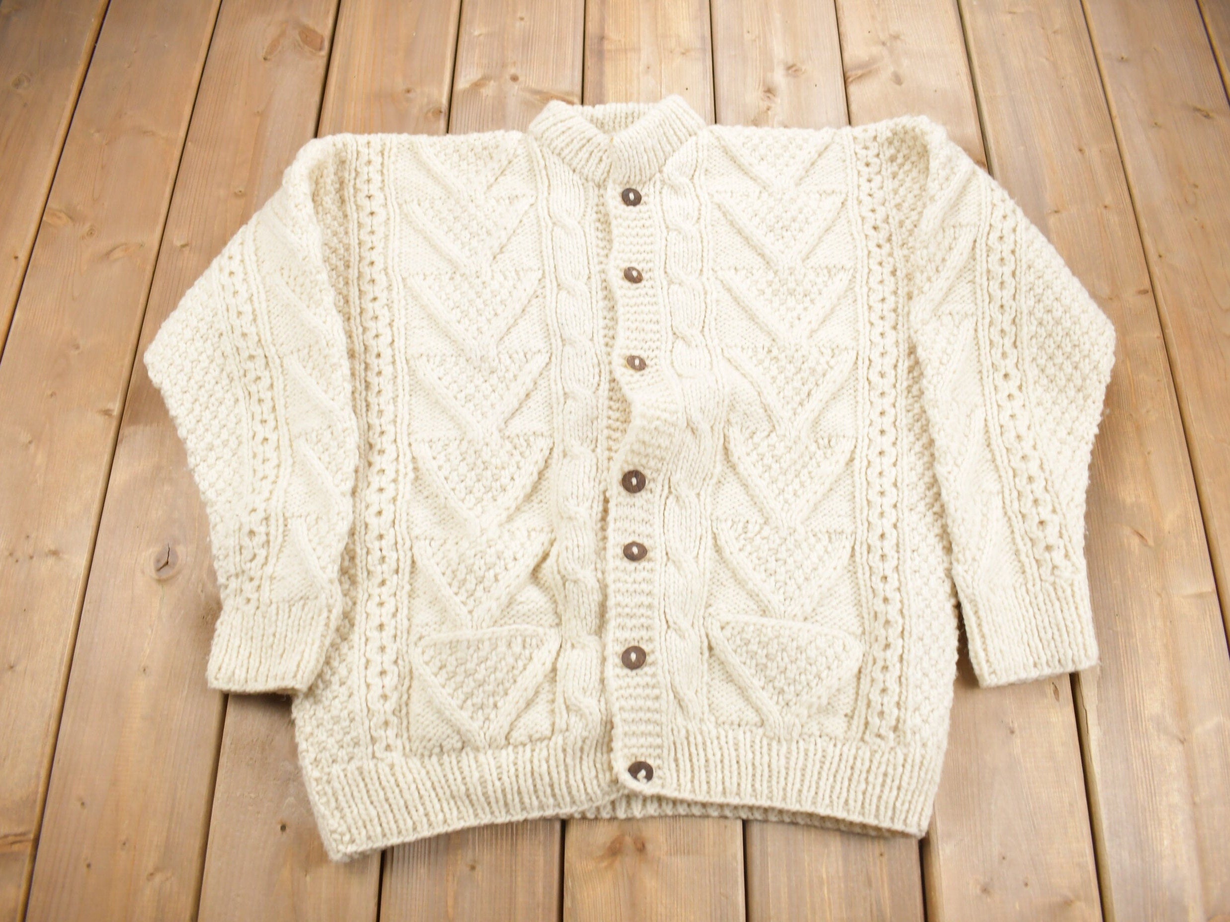 Vintage 1980s Artesania 100% Wool Cable Knit Cardigan Sweater