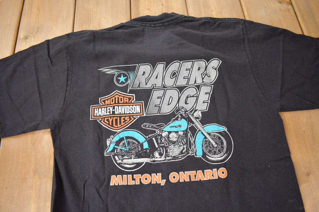 Vintage 1990s Racers Edge Harley Davidson Milton Ontario Graphic T-Shirt Made In Canada