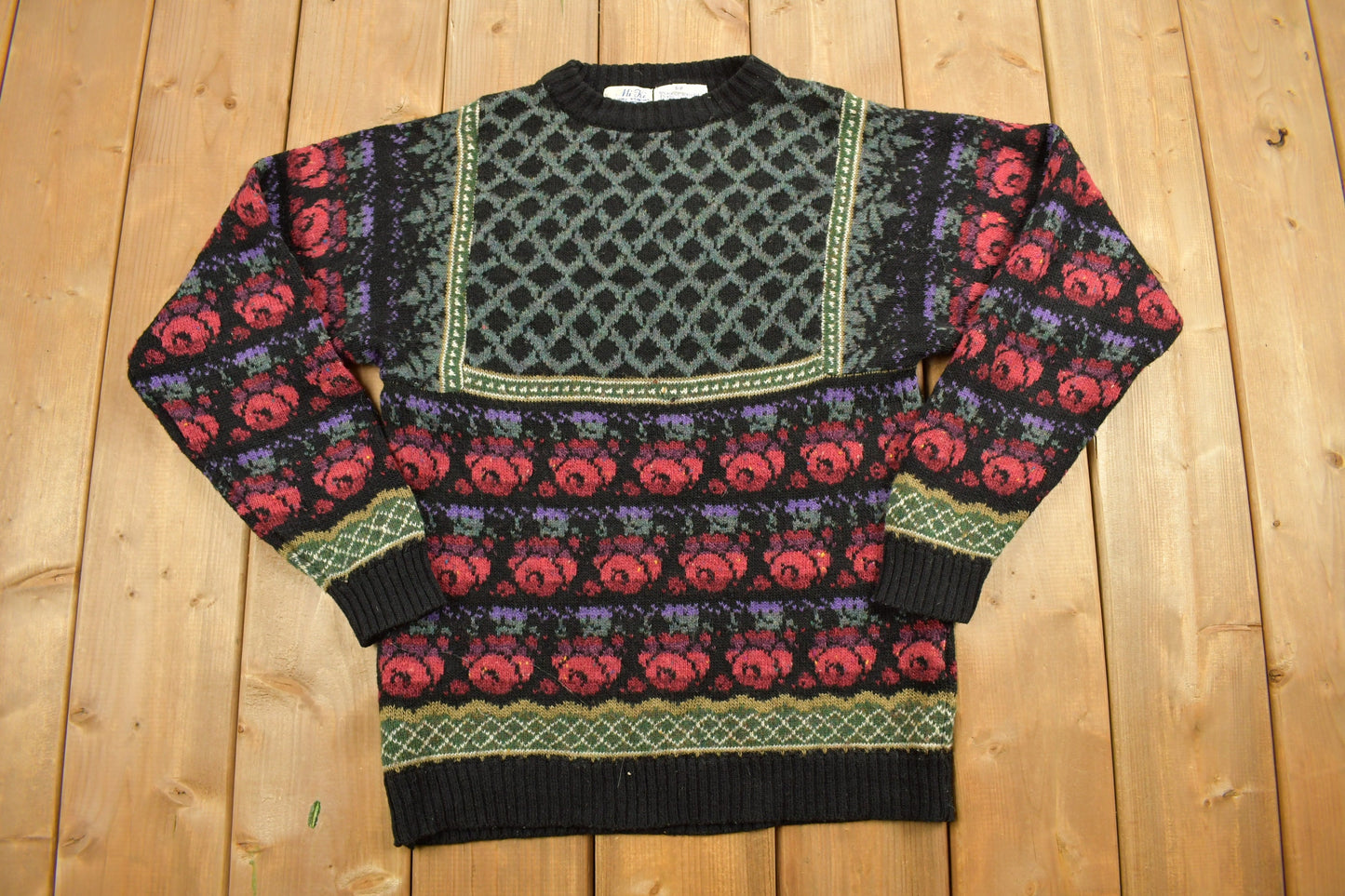 Vintage 1980s Knitted Floral Mi Ki Knit Sweater / True Vintage / Acrylic Sweater / Outdoorsman / Hand Knit / Pullover Sweatshirt