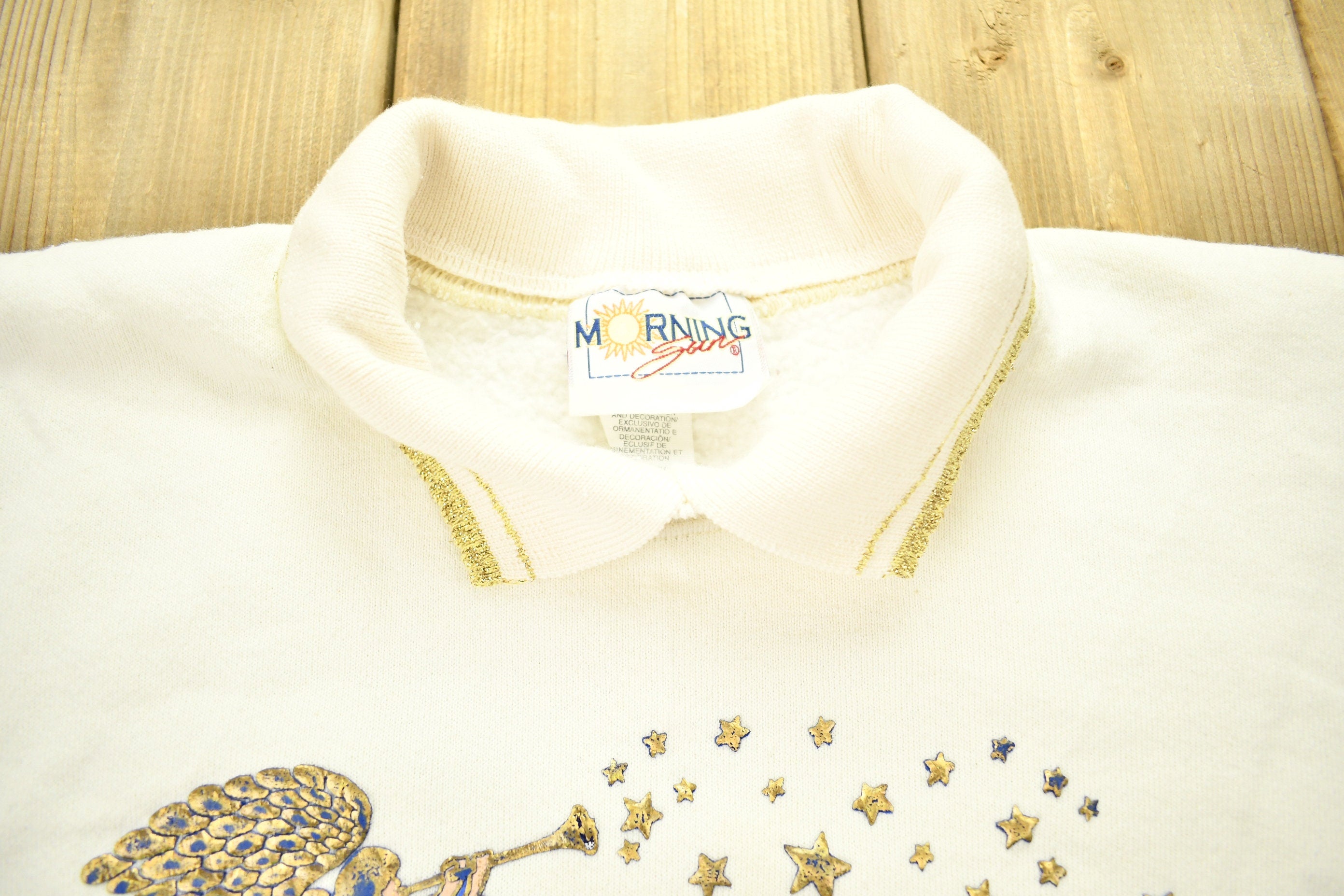Vintage 1990s Morning Sun Cute Angel Theme Crewneck Sweater / 90s Crewneck / Grandma Sweater / American Streetwear / Made In USA / Collared