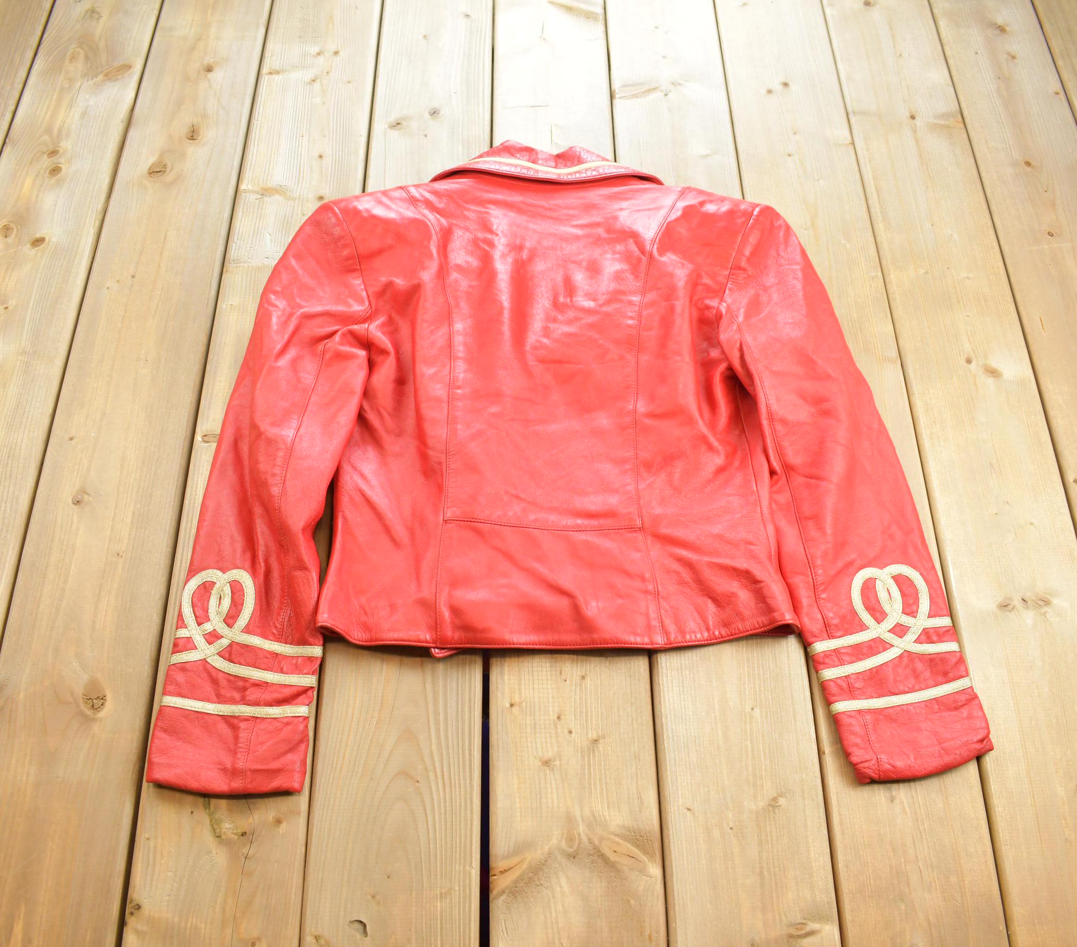 Vintage 1980s Womens Red Leather Embroidered Abstract Pattern Light Jacket
