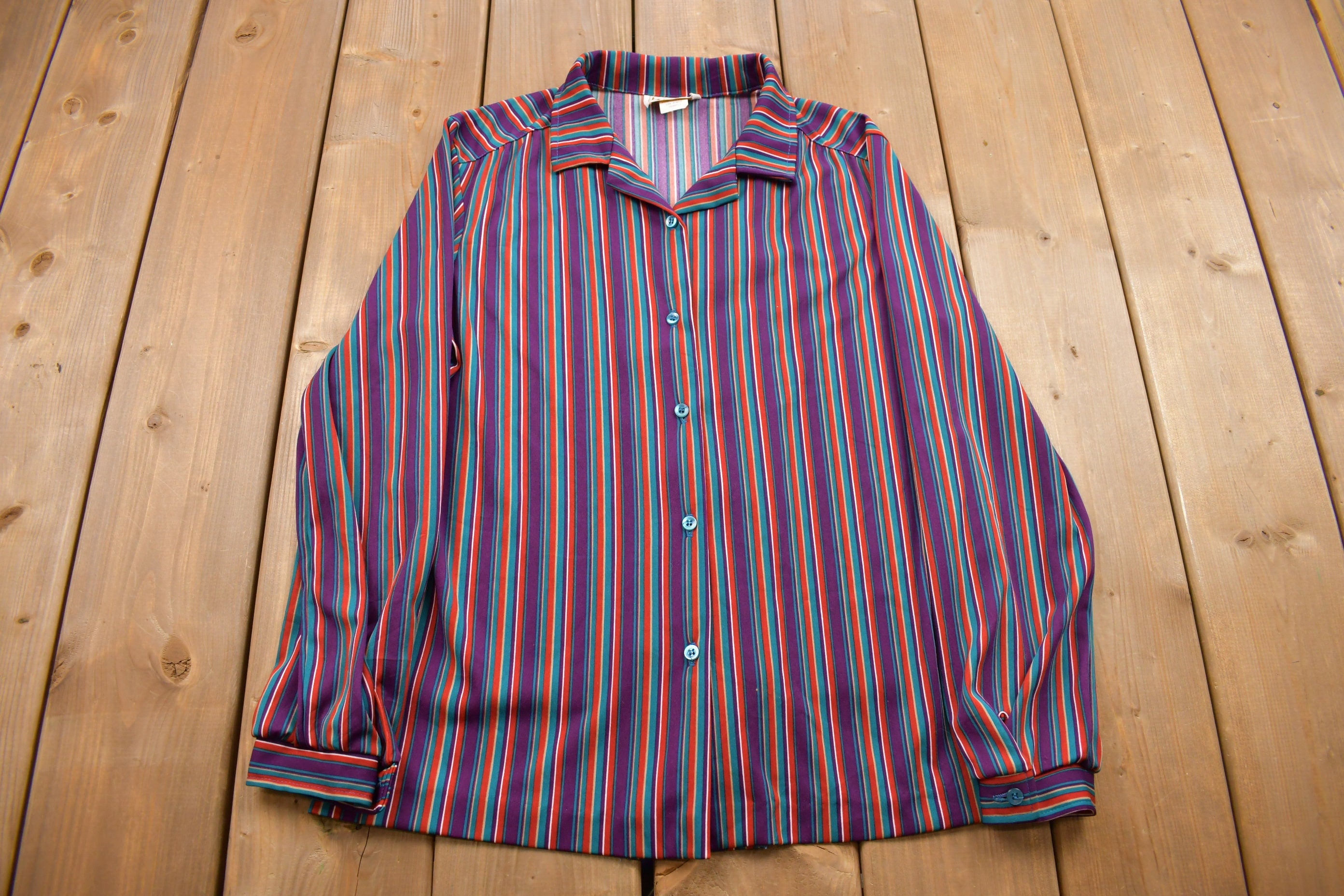Vintage 1980s Knitmakers Colorful Striped Button Up Shirt